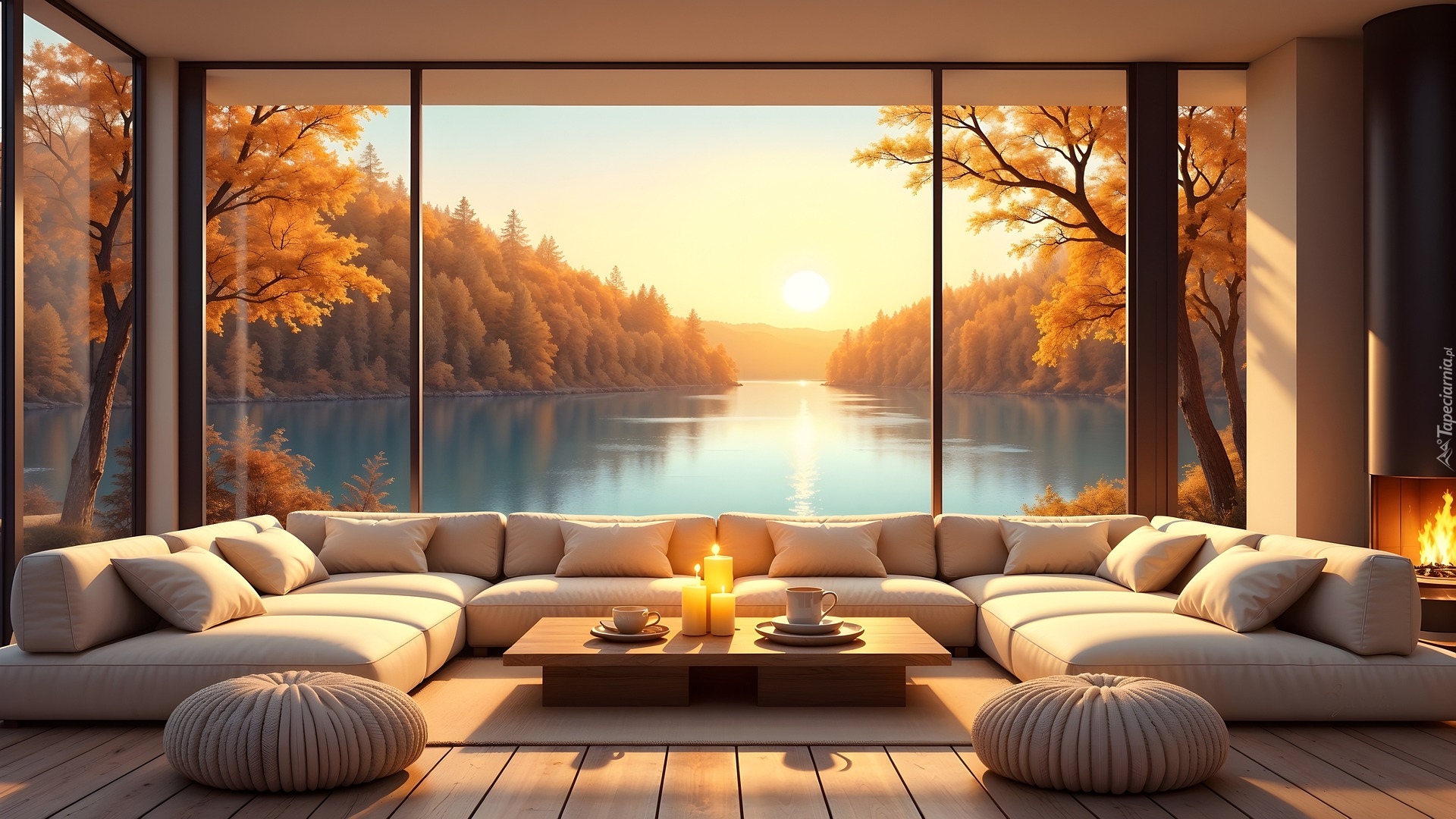 Jesień, Jezioro, Drzewa, Okno, Pokój, Kanapa