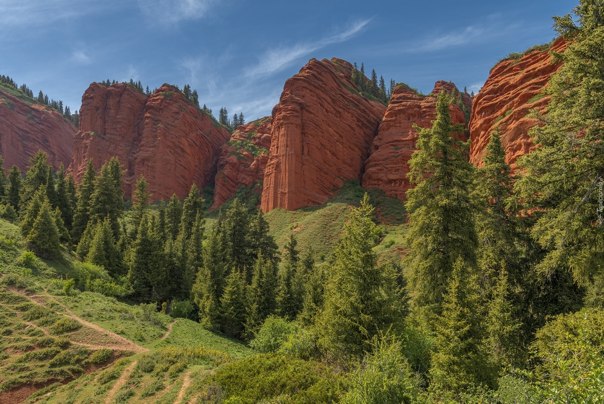 Kanion Konorchek Canyons, Skały, Góry, Drzewa, Ścieżki, Kirgistan