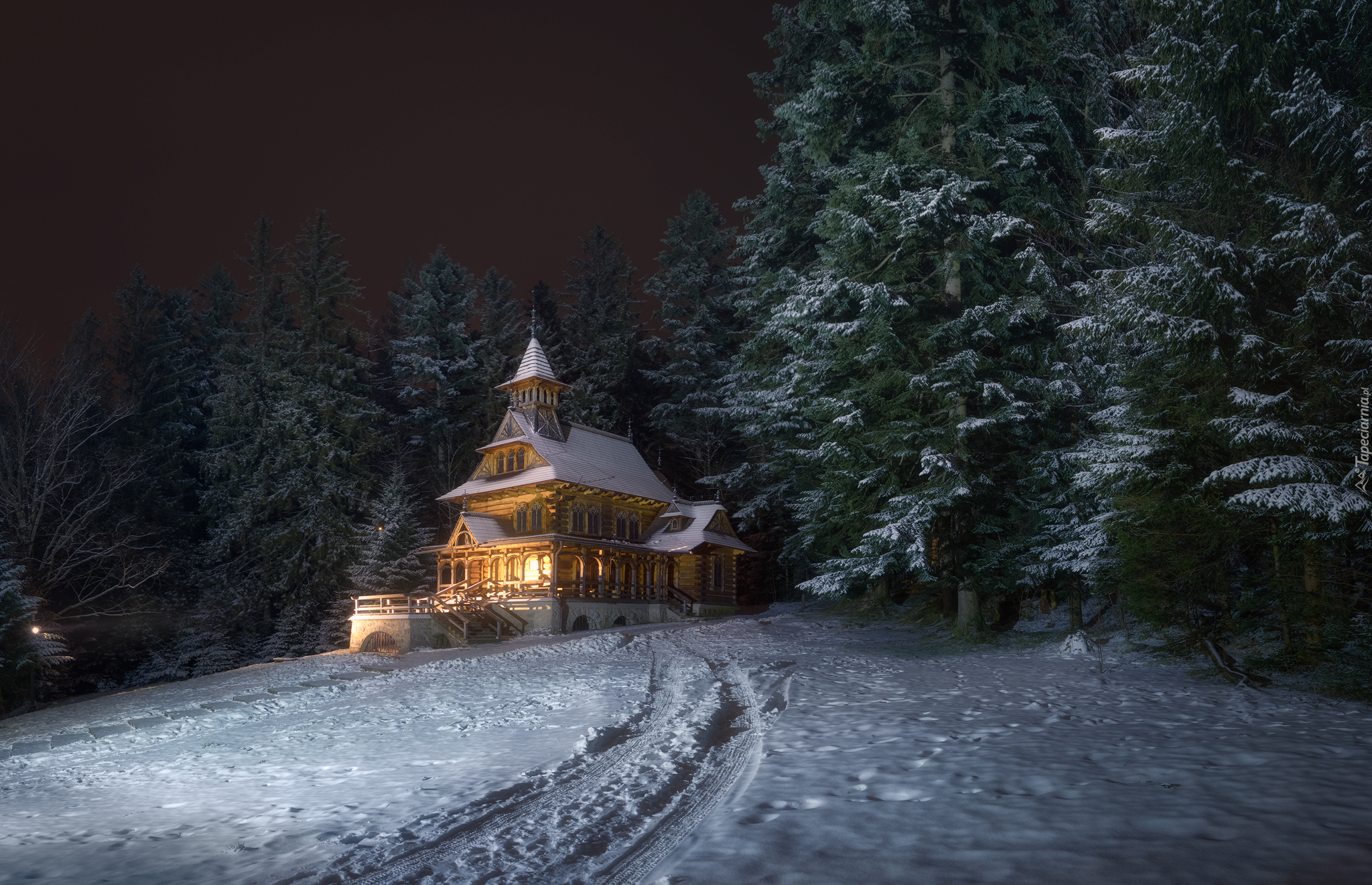 Jaszczurówka, Zakopane, Polska, Zima, Kaplica Najświętszego Serca Jezusa, Kościółek, Las, Droga, Światła