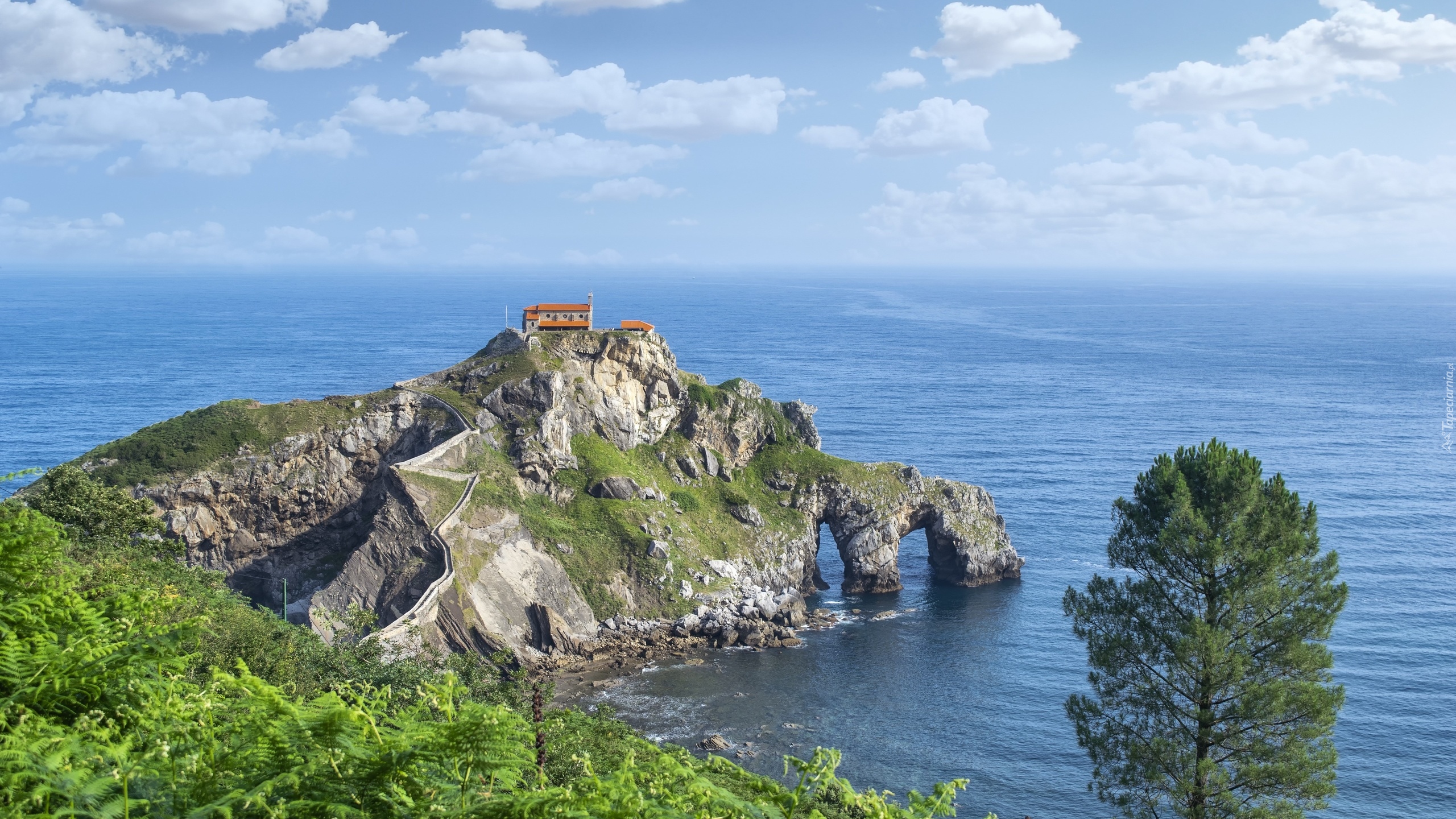 Hiszpania, Wyspa Gaztelugatxe, Kaplica, Jana Chrzciciela, Skały, Drzewo, Morze