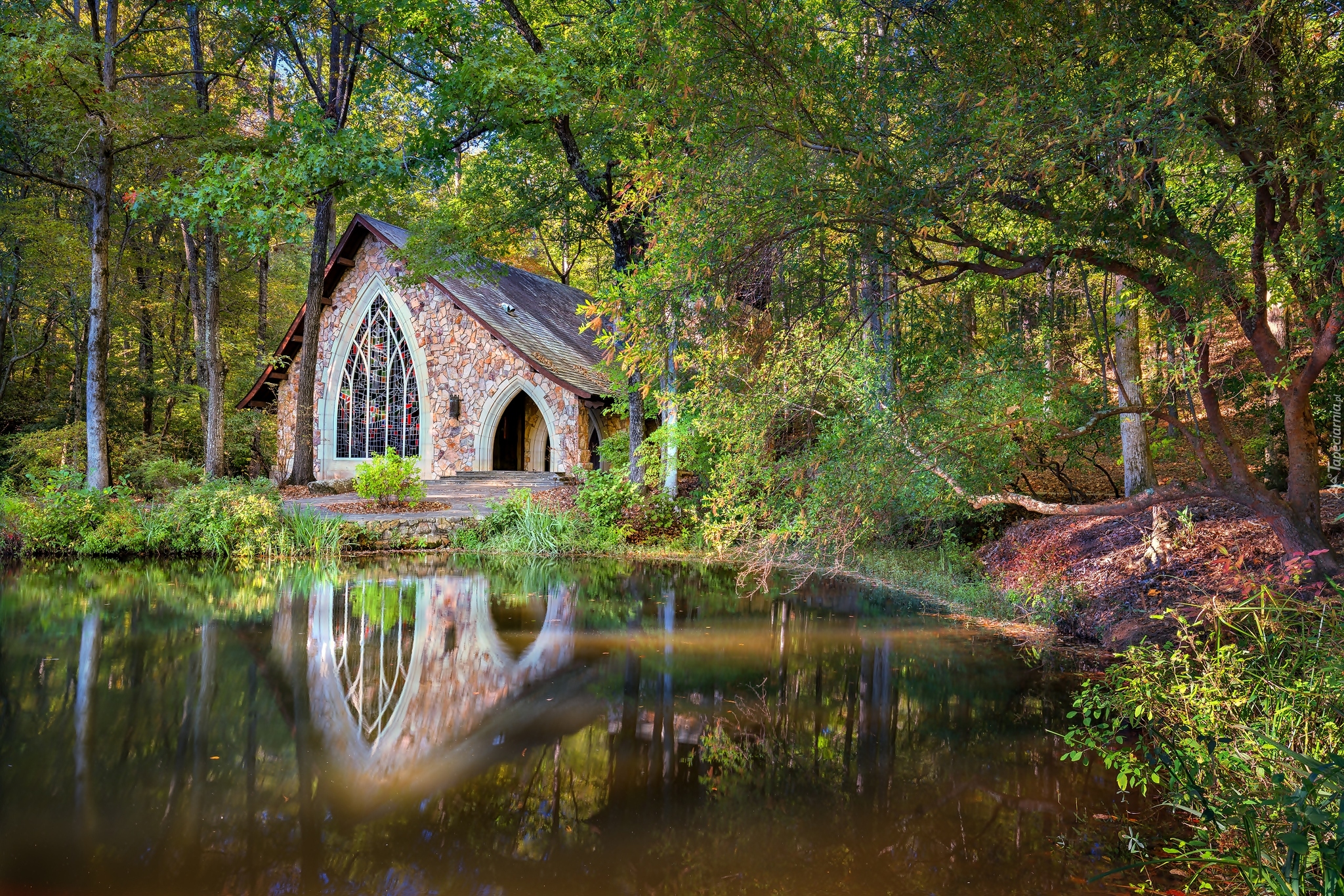 Stany Zjednoczone, Stan Georgia, Pine Mountain, Callaway Gardens, Kapliczka, Las, Jezioro Falls Creek Lake