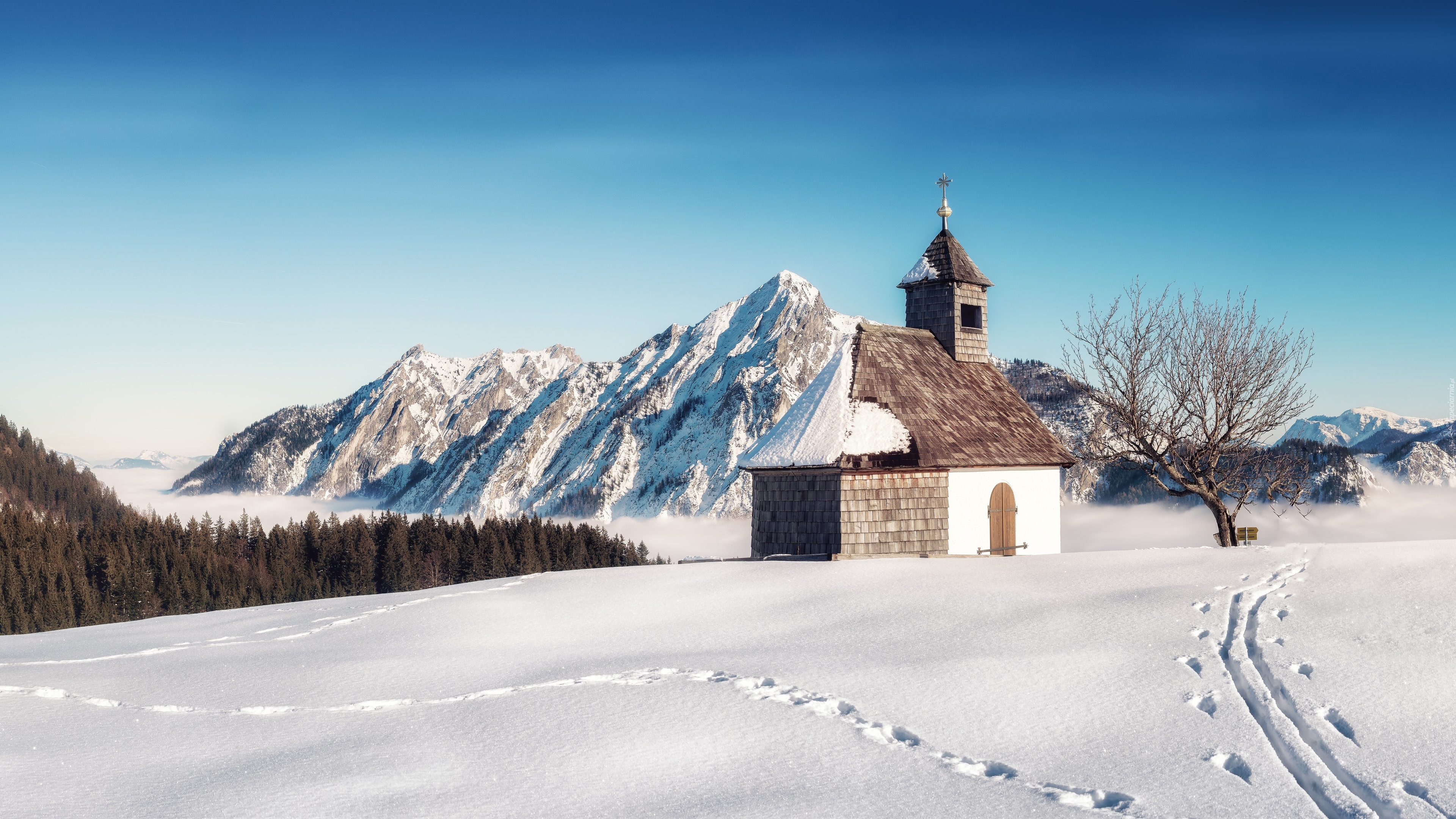Austria, Gmina Strobl, Góry, Drzewa, Zima, Kościół