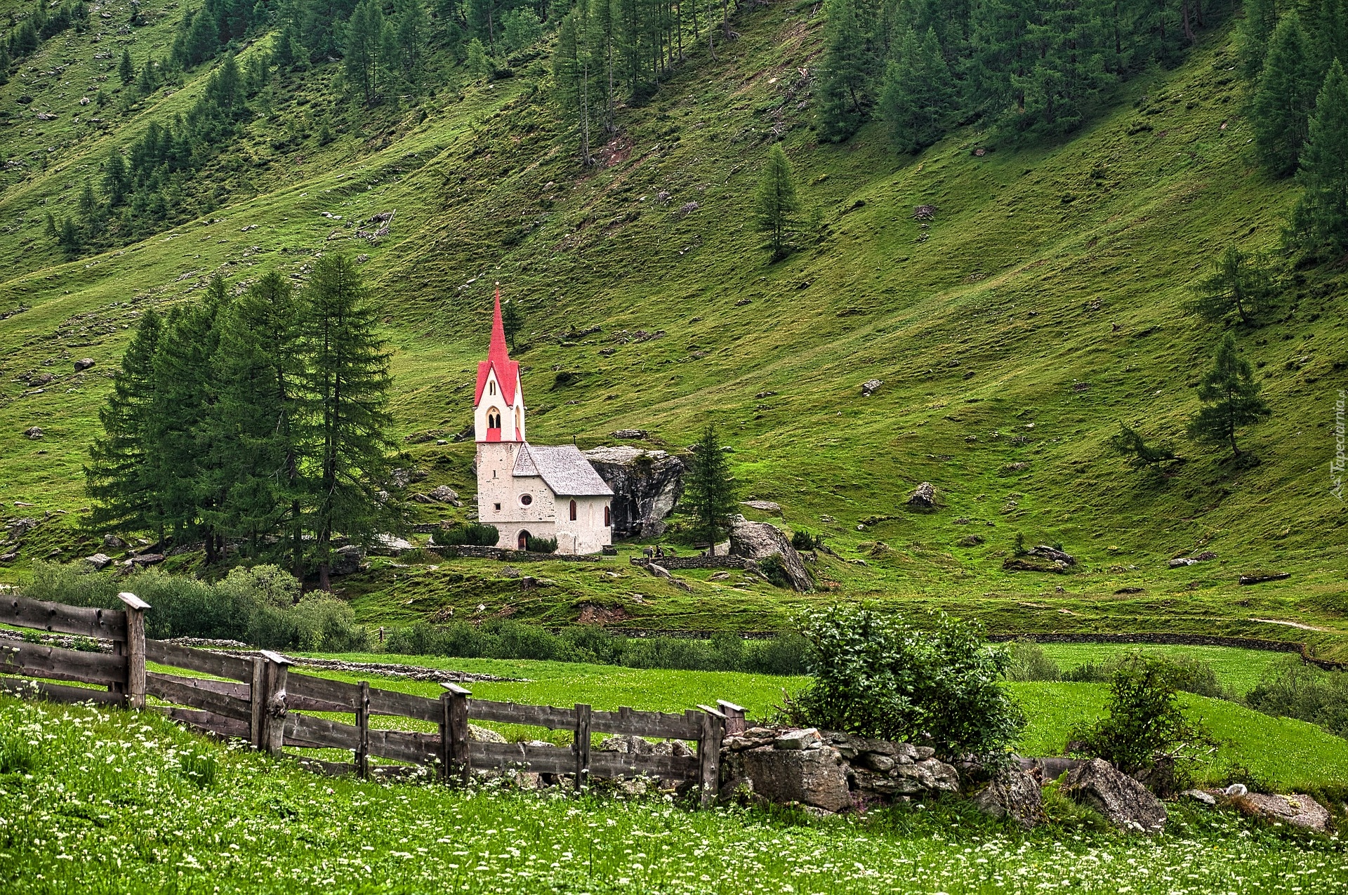 Kaplica, Kościół, Drzewa, Ogrodzenie, Dolina