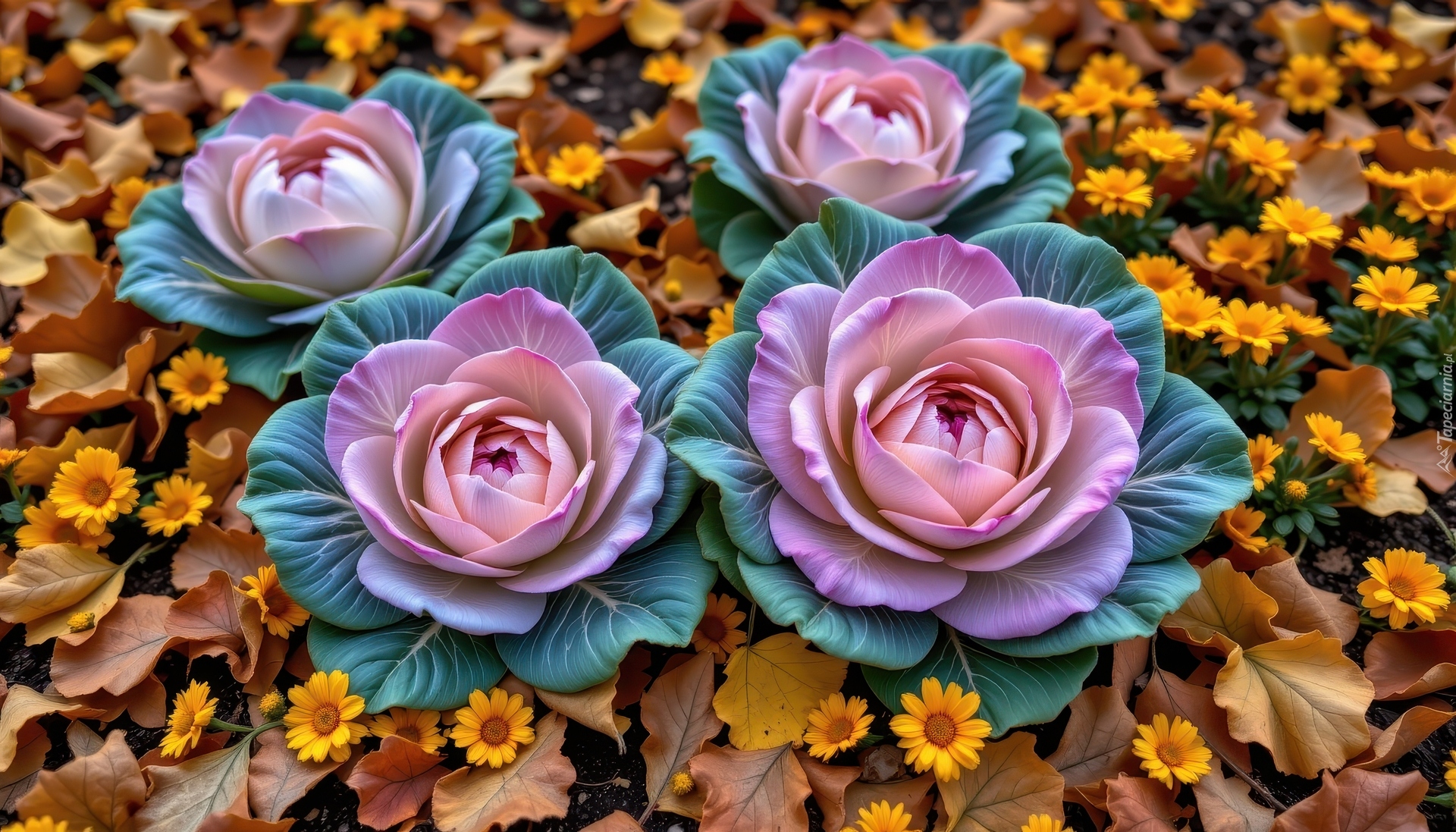 Kapusta ozdobna, Kwiaty, Żółte, Liście, AI