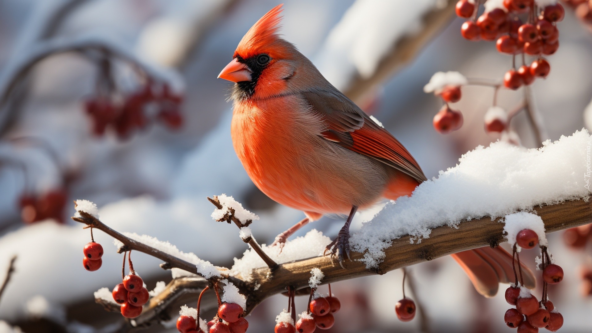 Ptak, Kardynał szkarłatny, Śnieg, Gałązki, Czerwone, Owoce