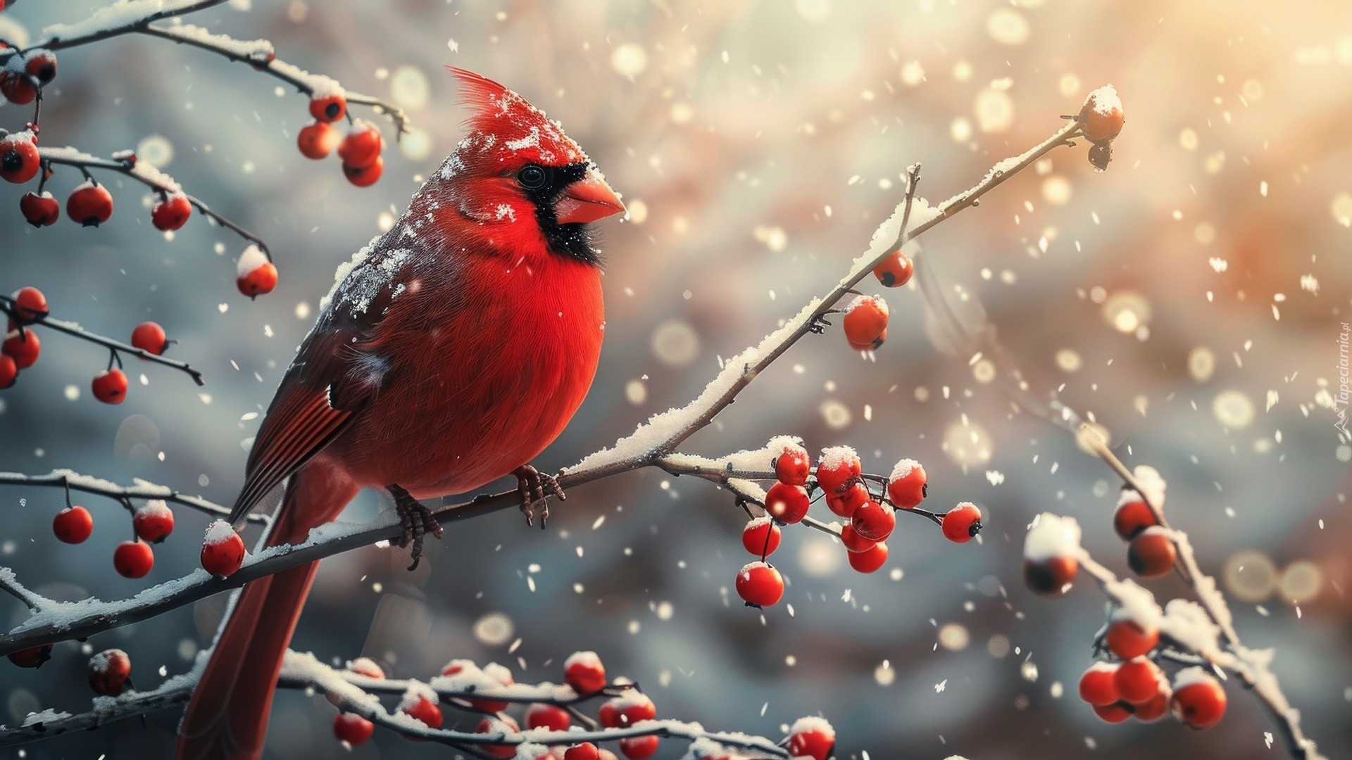 Ptak, Kardynał szkarłatny, Ośnieżone, Gałązki, Czerwone, Owoce