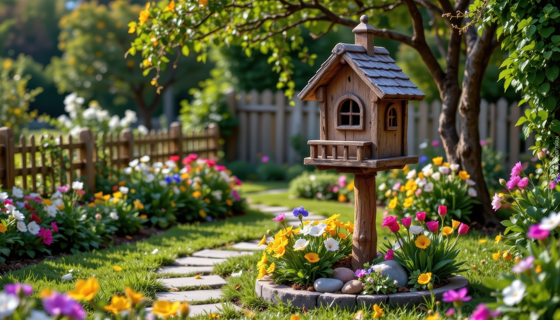 Ogród, Dekoracja, Domek, Karmnik, Kwiaty, Drzewa, Ogrodzenie
