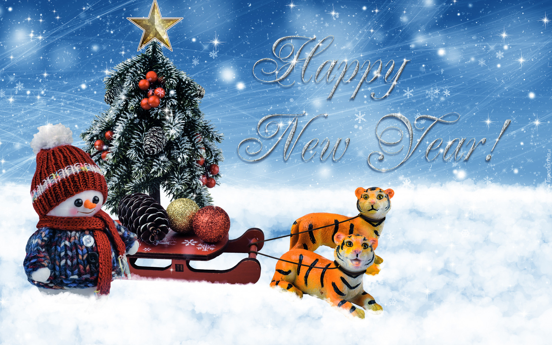 Nowy Rok, Napis, Happy New Year, Sanie, Choinka, Bombki, Szyszka, Dwa, Tygrysy, Bałwanek