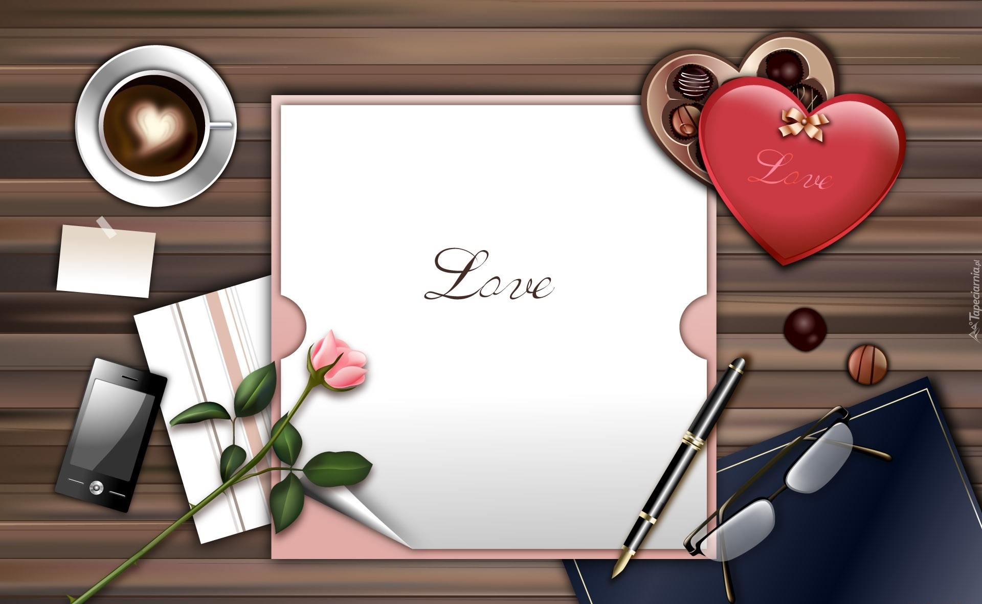 Serce, Róża, Miłość, Love, Kawa, Telefon, Okulary, Kartka, 2D