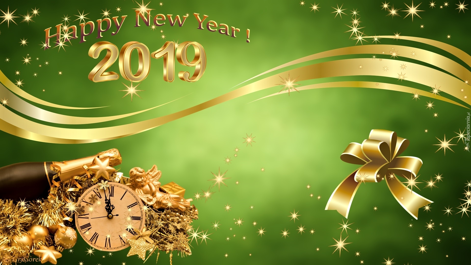 Nowy Rok, 2019, Szampan, Zegar, Kartka, Grafika