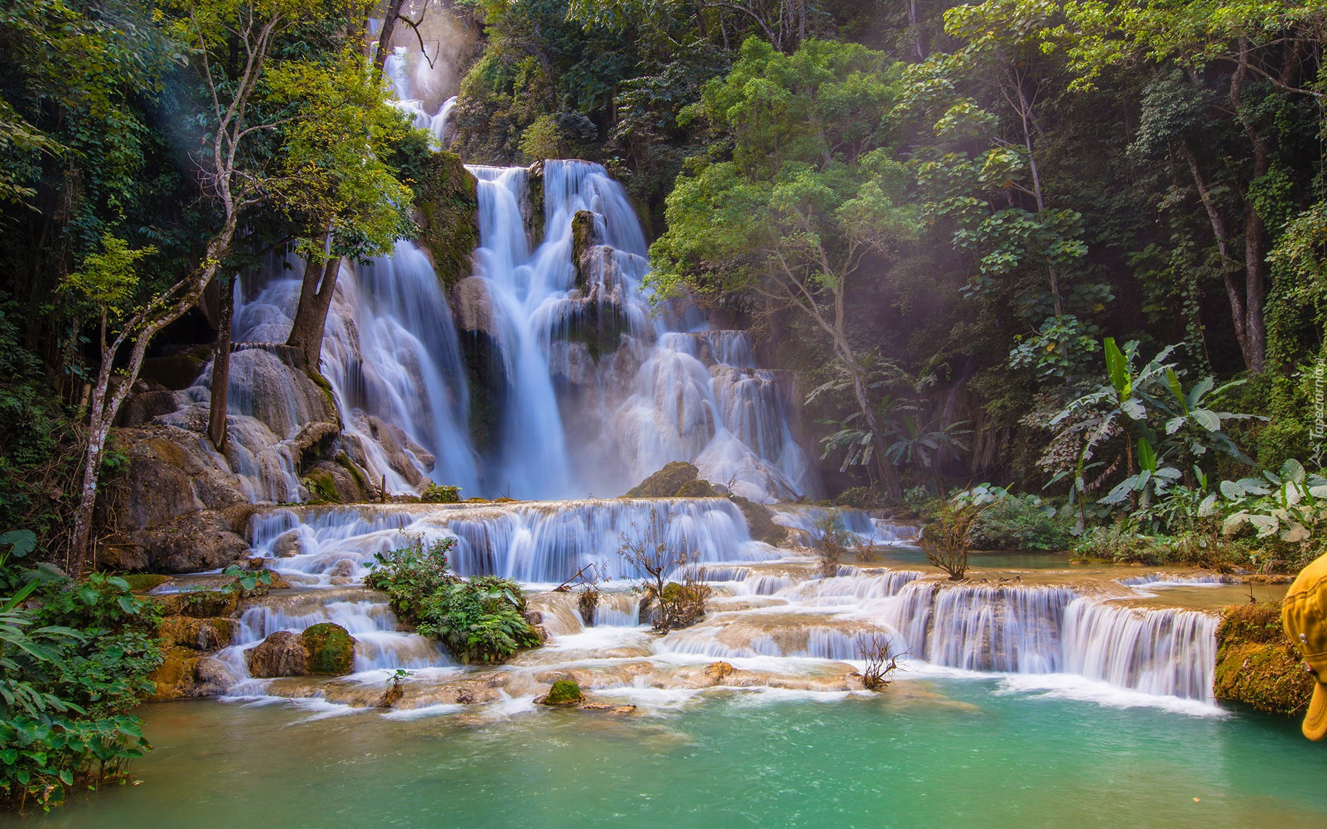 Wodospad, Kuang Si Falls, Skały, Rzeka, Drzewa, Laos