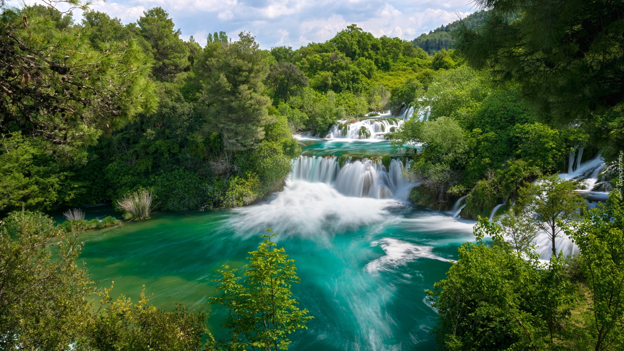 Kaskada, Wodospad, Drzewa, Rzeka Krka, Park Narodowy Krka, Chorwacja