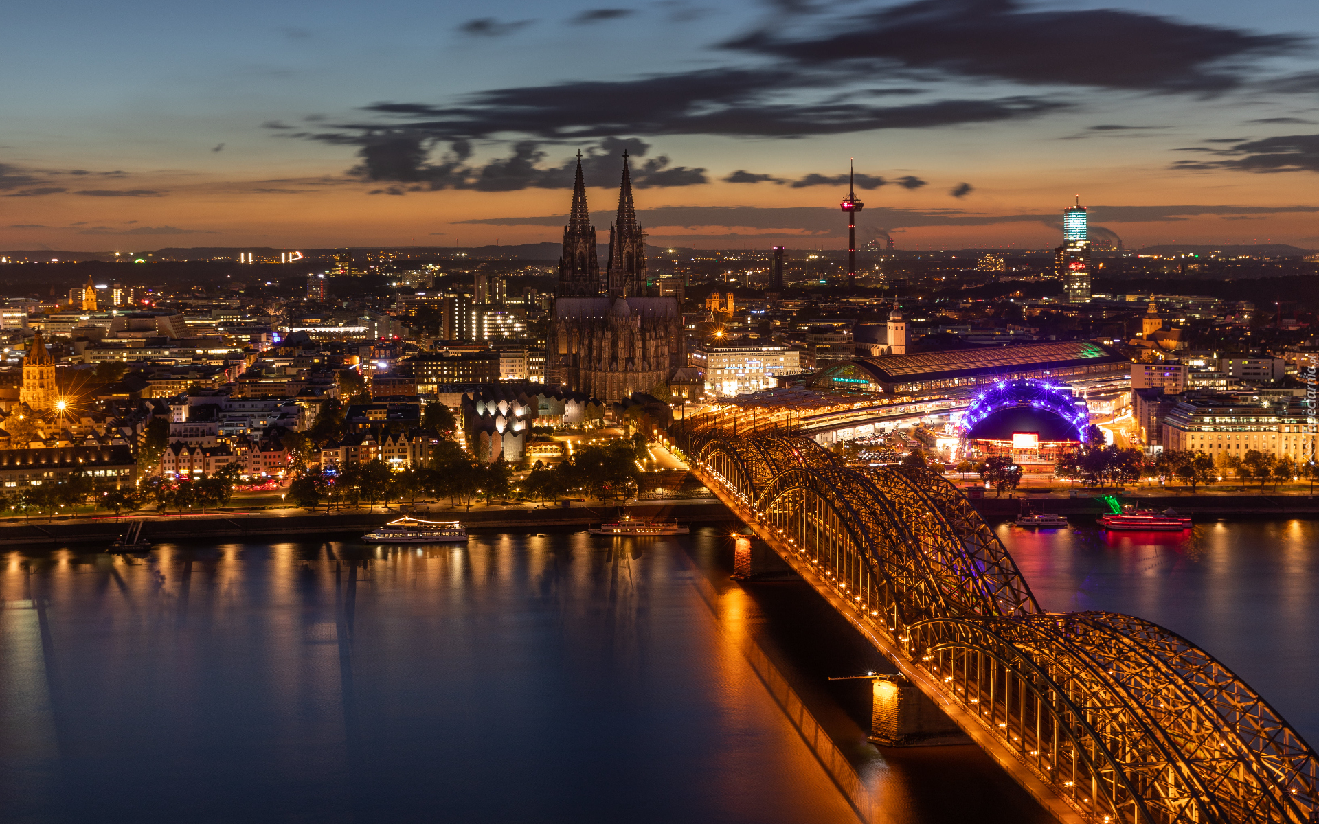 Rzeka Ren, Most Hohenzollernów, Łukowy, Katedra, Noc, Kolonia, Niemcy