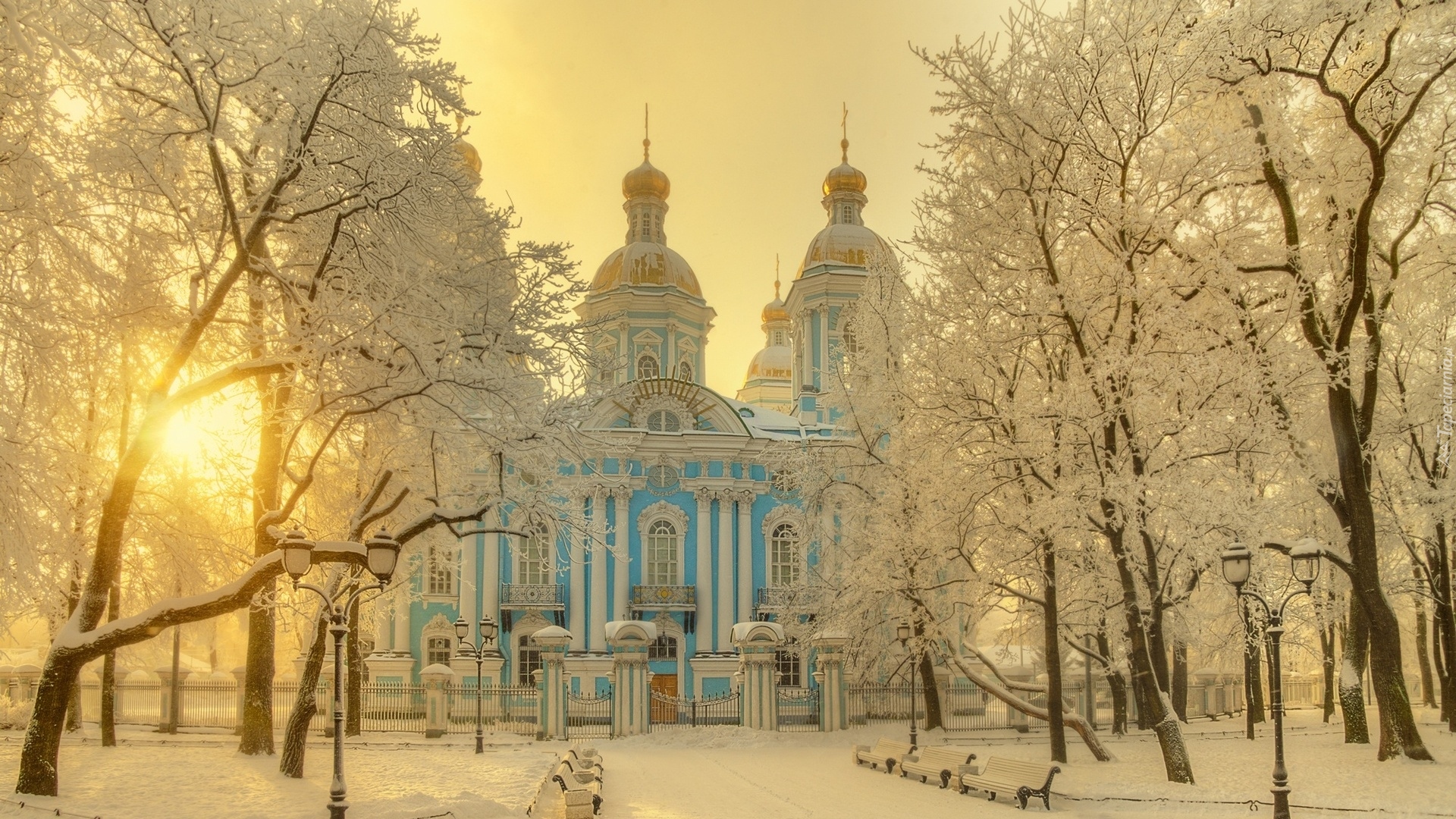 Zima, Drzewa, Park, Cerkiew, Katedra Marynarki Wojennej św Mikołaja, Petersburg, Rosja