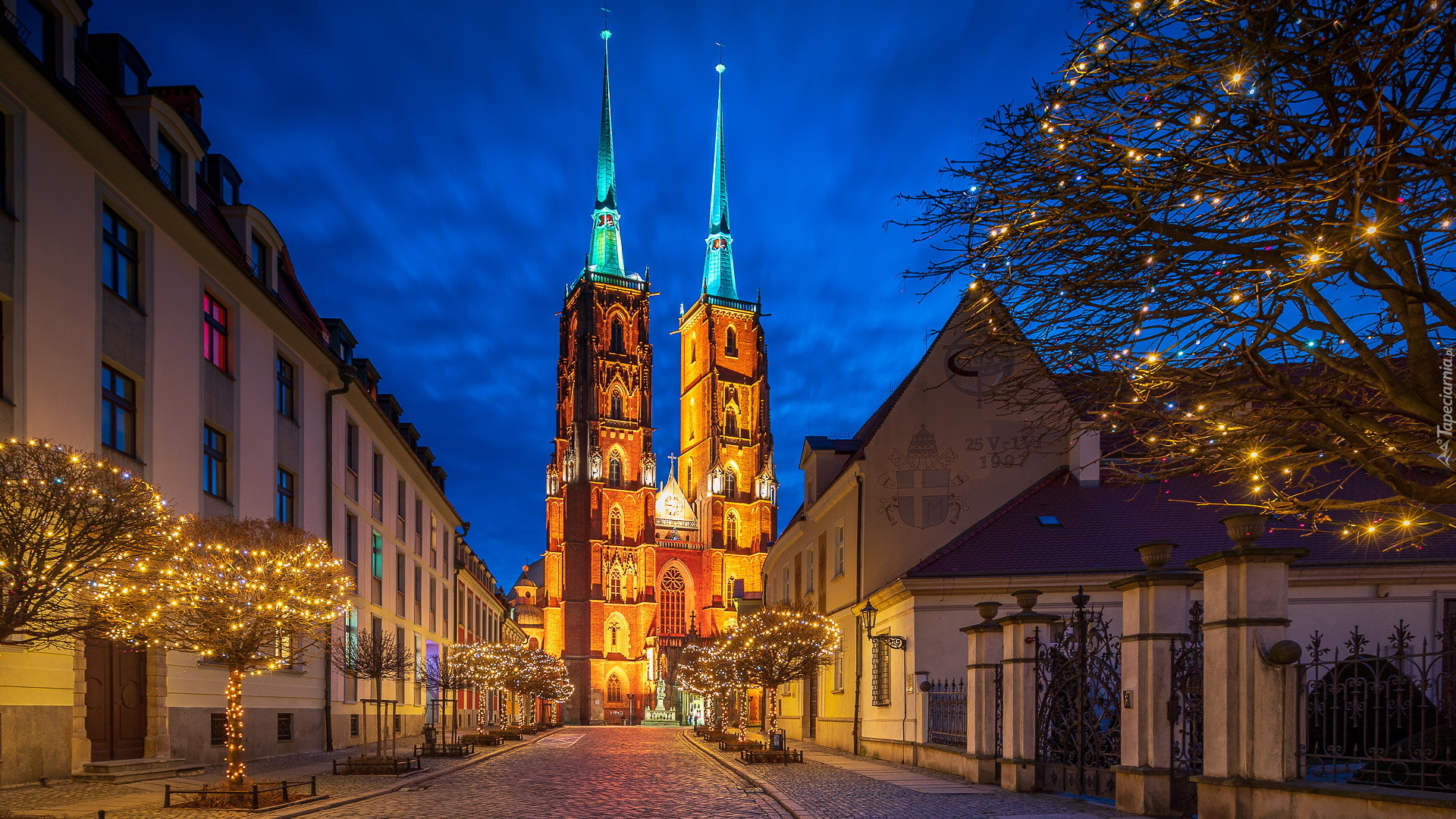Domy, Ulica, Oświetlony, Kościół, Katedra św Jana Chrzciciela, Ostrów Tumski, Wrocław, Polska
