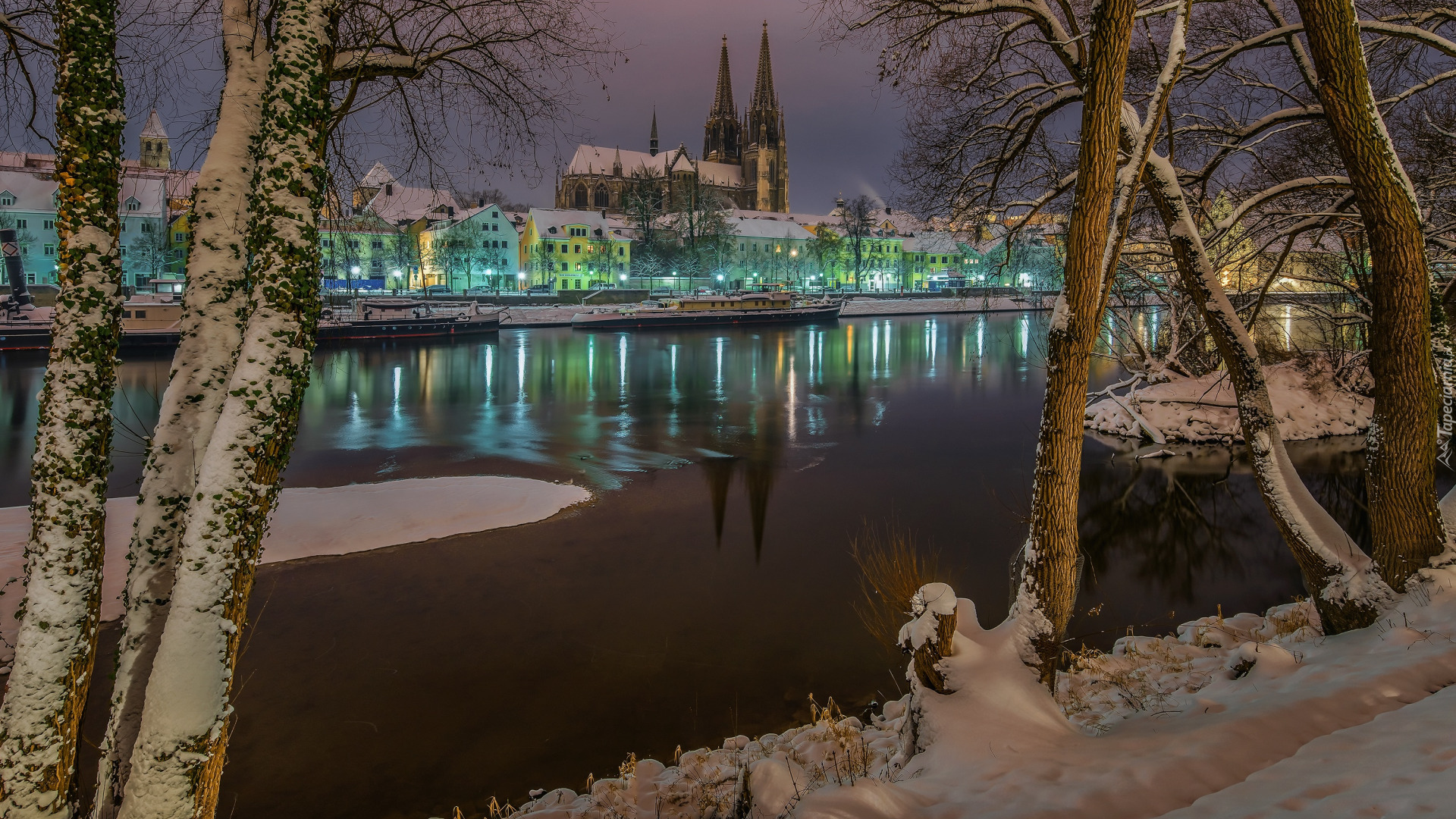 Regensburg, Miasto Ratyzbona, Rzeka Dunaj, Domy, Katedra Św. Piotra, Kościół, Drzewa, Zima, Bawaria, Niemcy