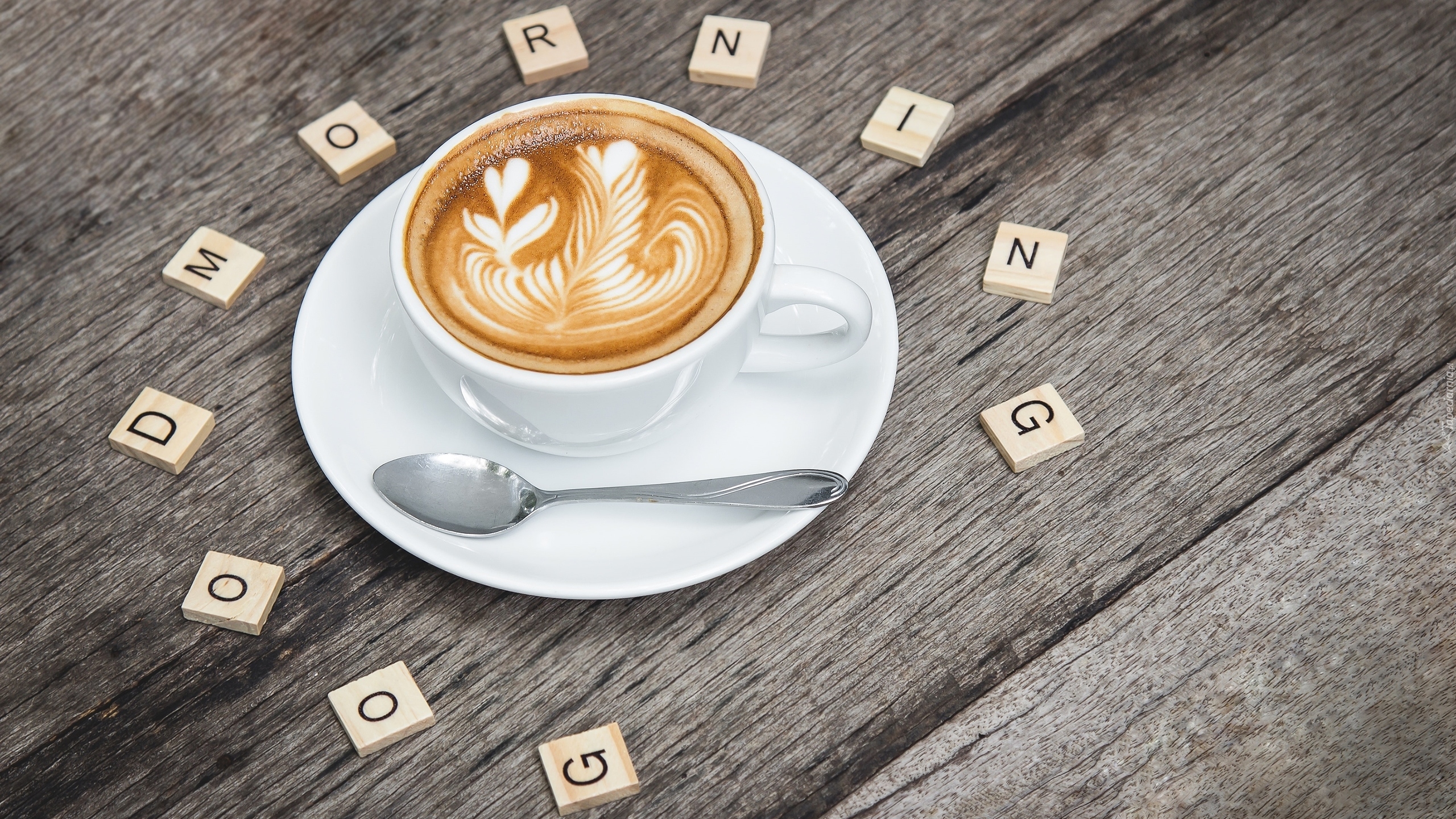 Kawa, Cappuccino, Filiżanka, Łyżeczka, Scrabble, Napis, Good Morning, Dzień dobry