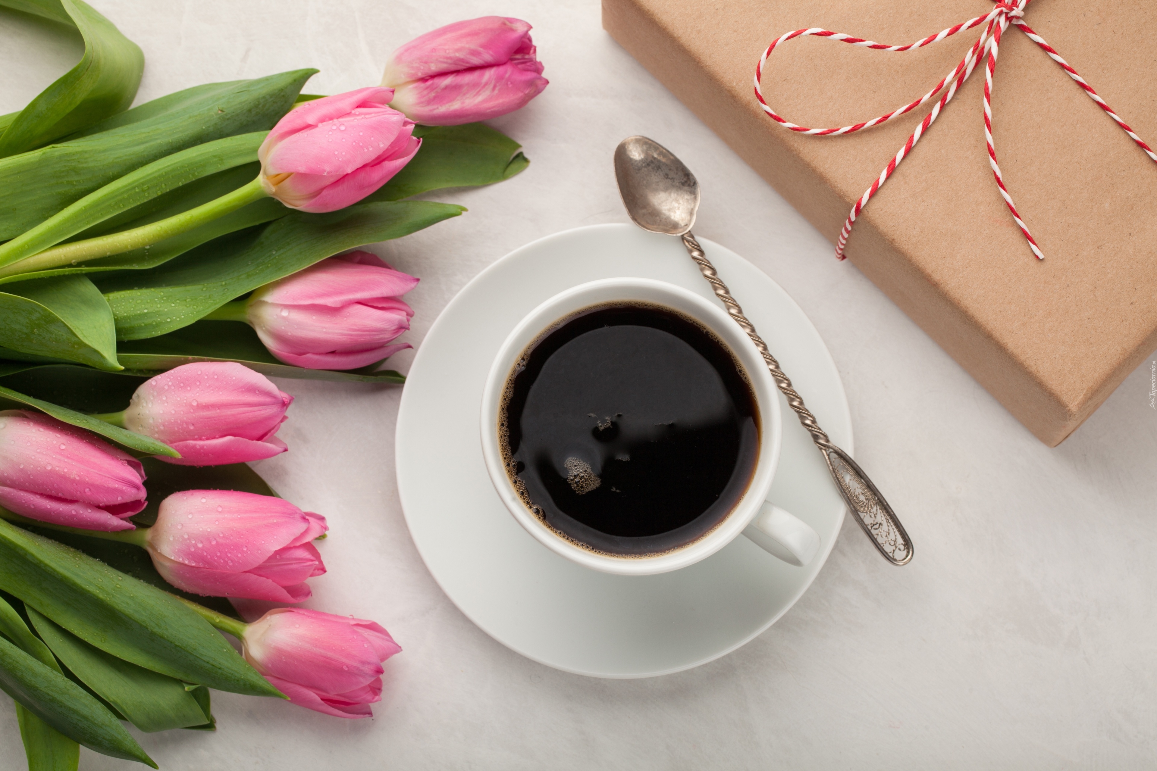 Kawa, Różowe, Tulipany, Prezent