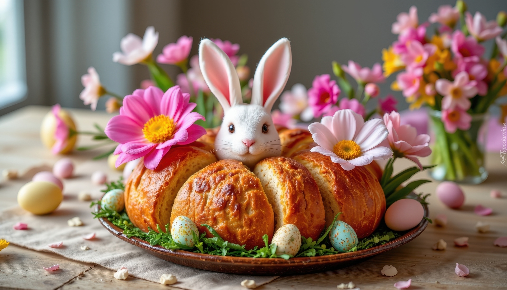Chleb, Kolorowe, Jajka, Zając, Kwiaty, Wielkanoc