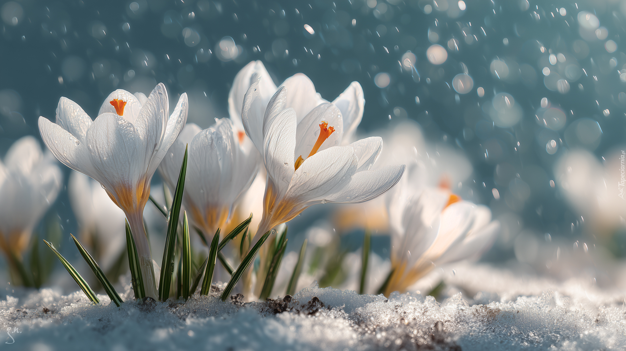 Białe, Krokusy, Kwiaty, Grafika AI