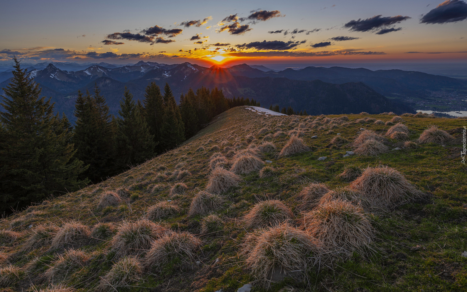 Góry, Drzewa, Las, Kępki, Sucha, Trawa, Chmury, Zachód słońca
