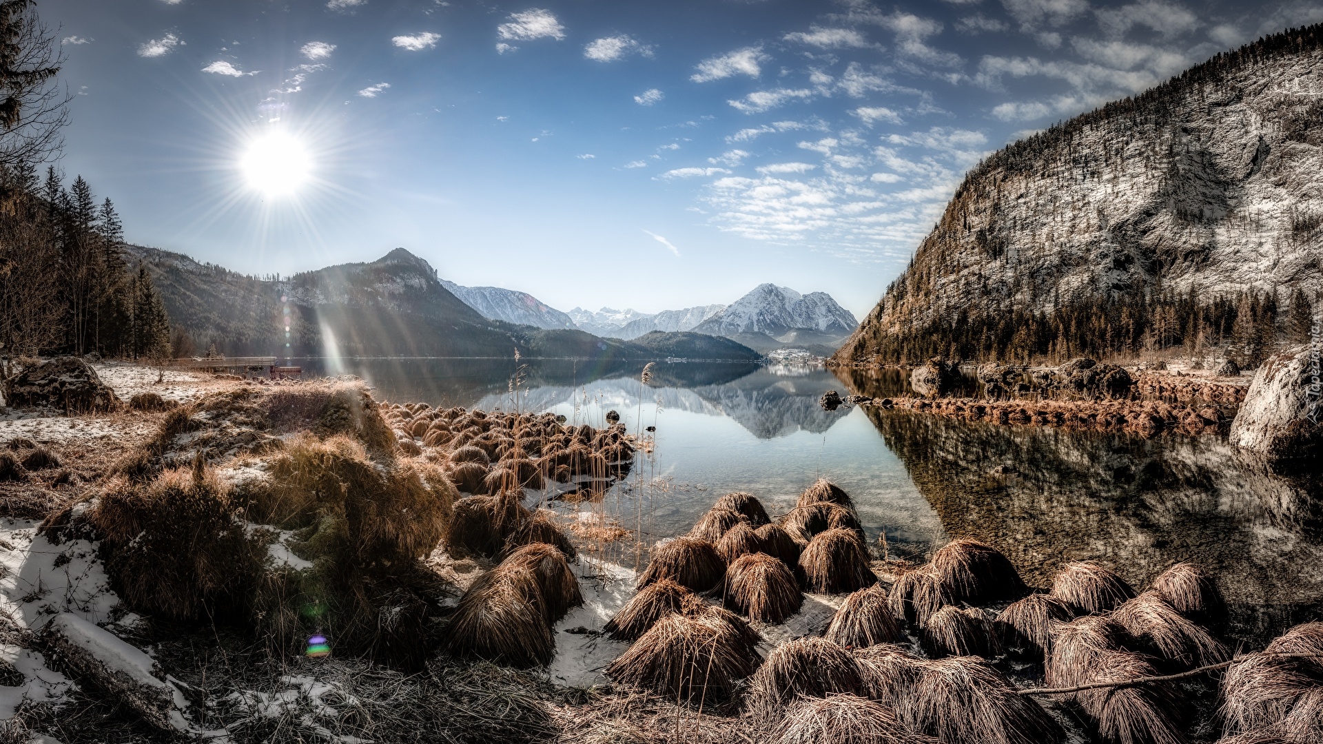 Niebo, Promienie słońca, Kamienie, Sucha, Trawa, Góry, Jezioro Altausseer, Styria, Austria