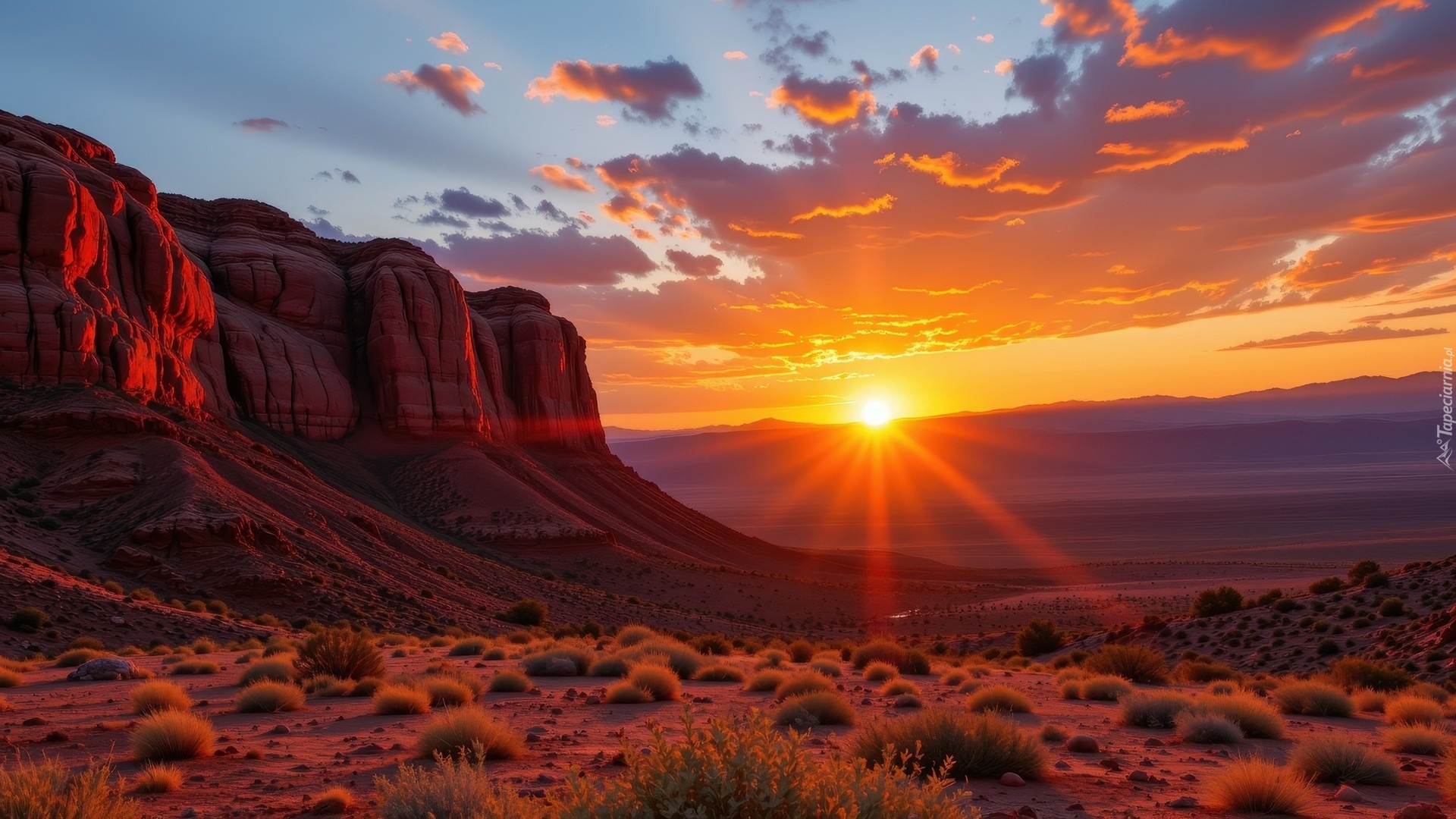 Zachód słońca, Góry, Skały, Kępki, Roślin, AI