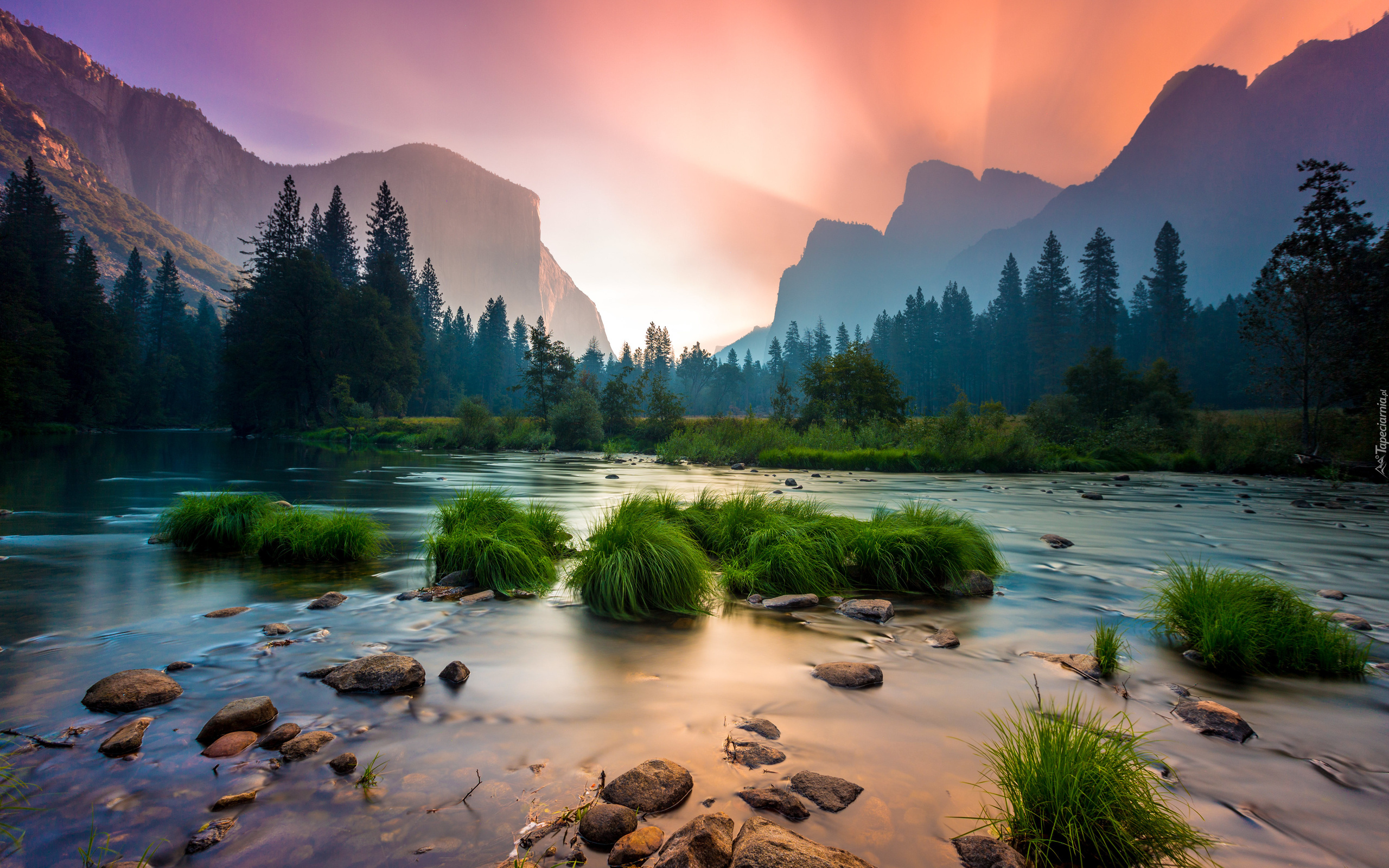 Park Narodowy Yosemite, Góry Sierra Nevada, Rzeka, Merced River, Kępki, Trawy, Drzewa, Chmury, Kalifornia, Stany Zjednoczone