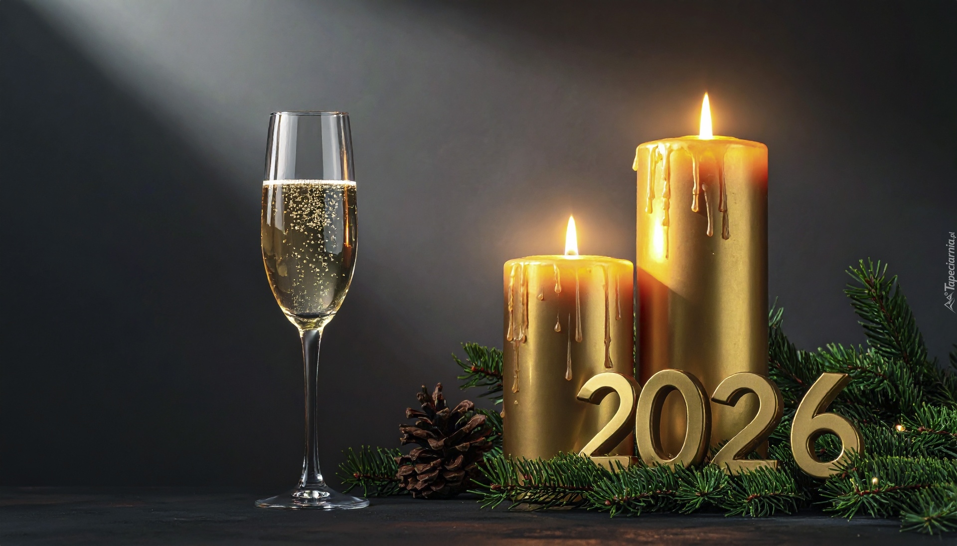 Data, Nowy Rok, 2026, Kieliszek, Szampan, Świece, Gałązki, Szyszka