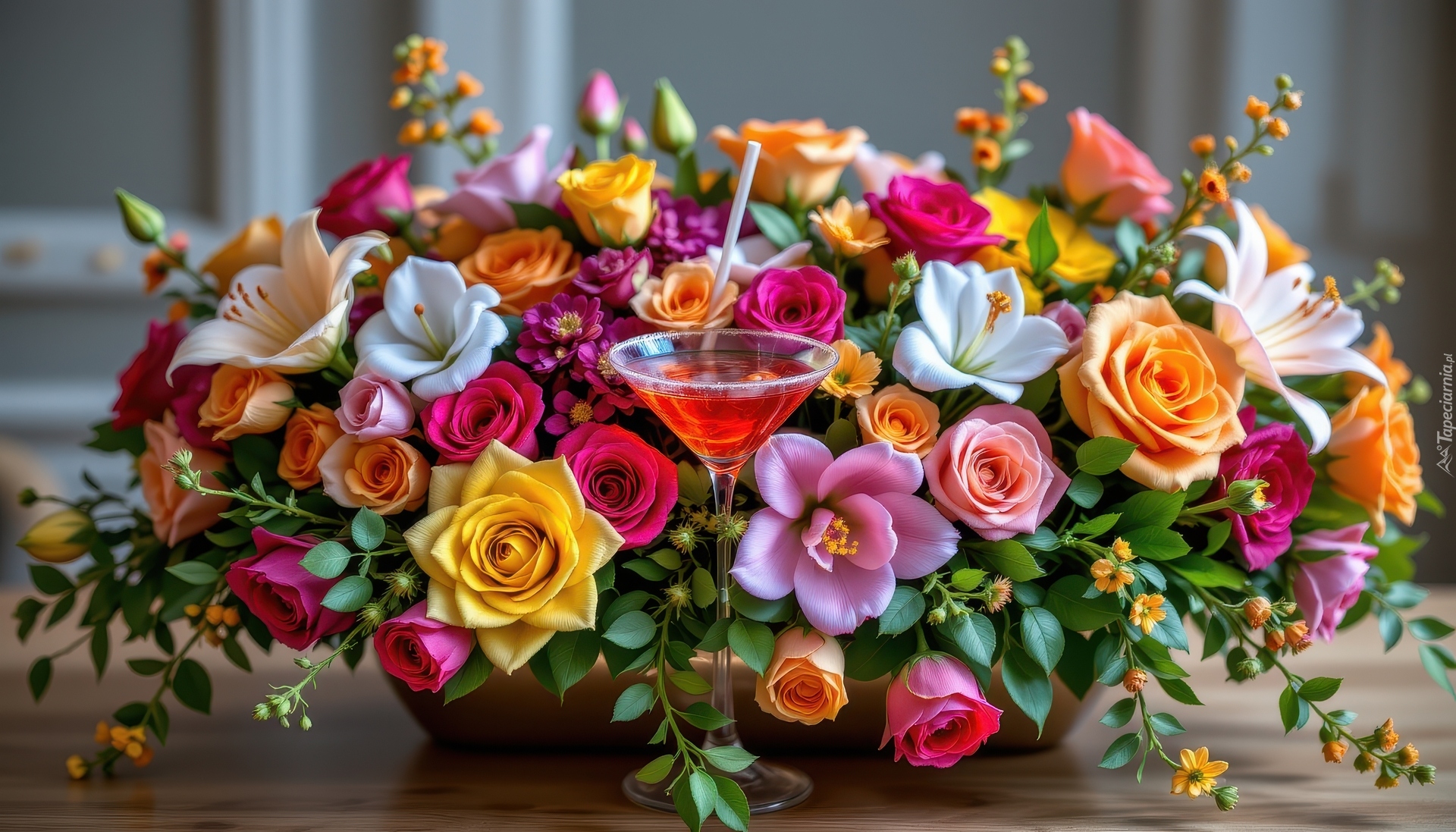 Bukiet, Kwiaty, Drink, Stół