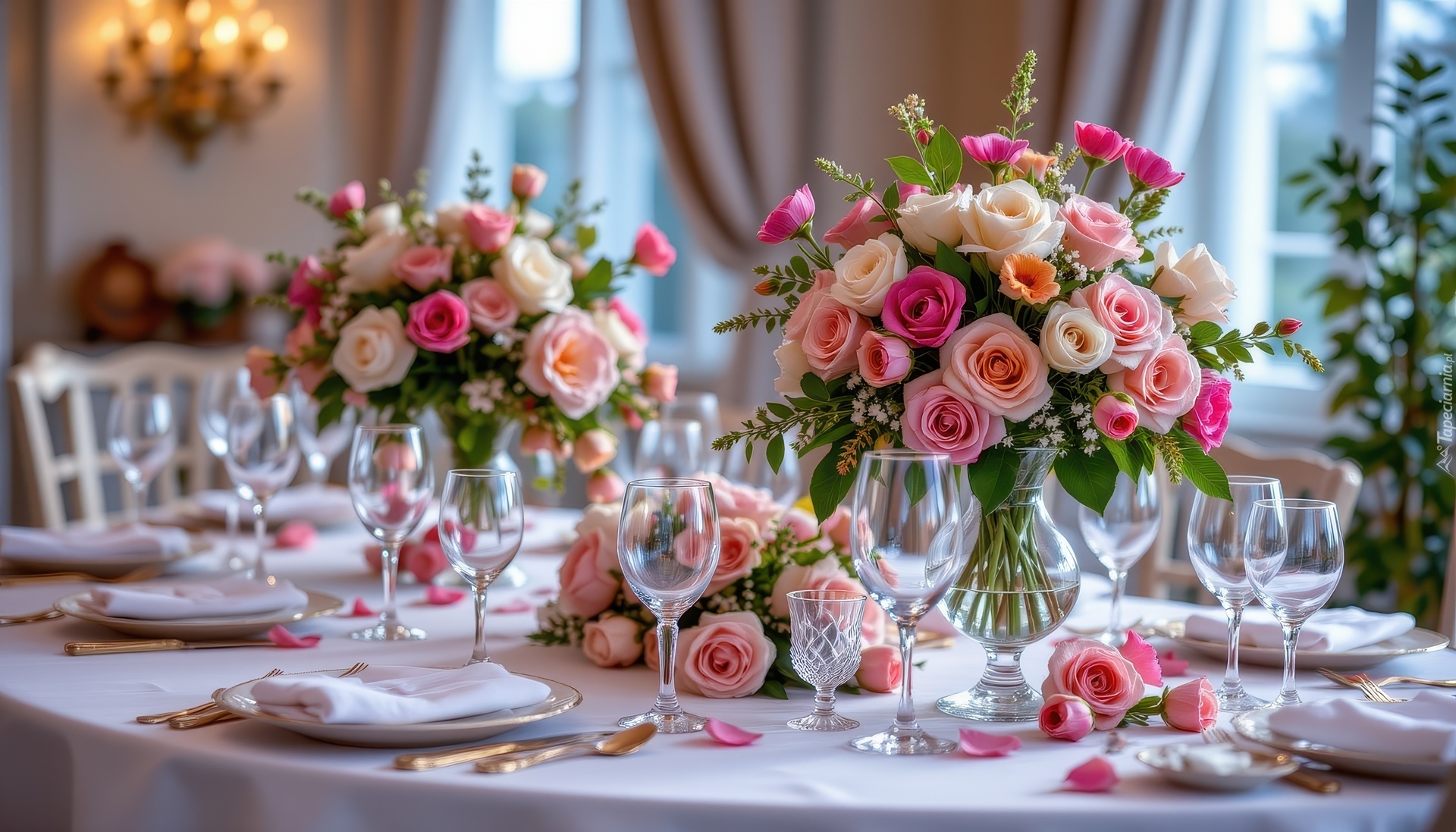 Róże, Bukiety, Stół, Kieliszki, Grafika AI