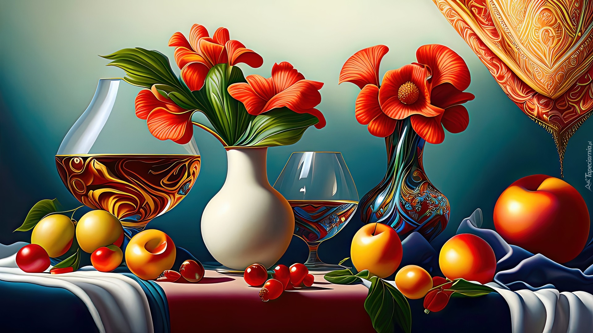Stół, Wazony, Kwiaty, Kieliszki, Owoce, Jabłka, Digital Art, Kompozycja