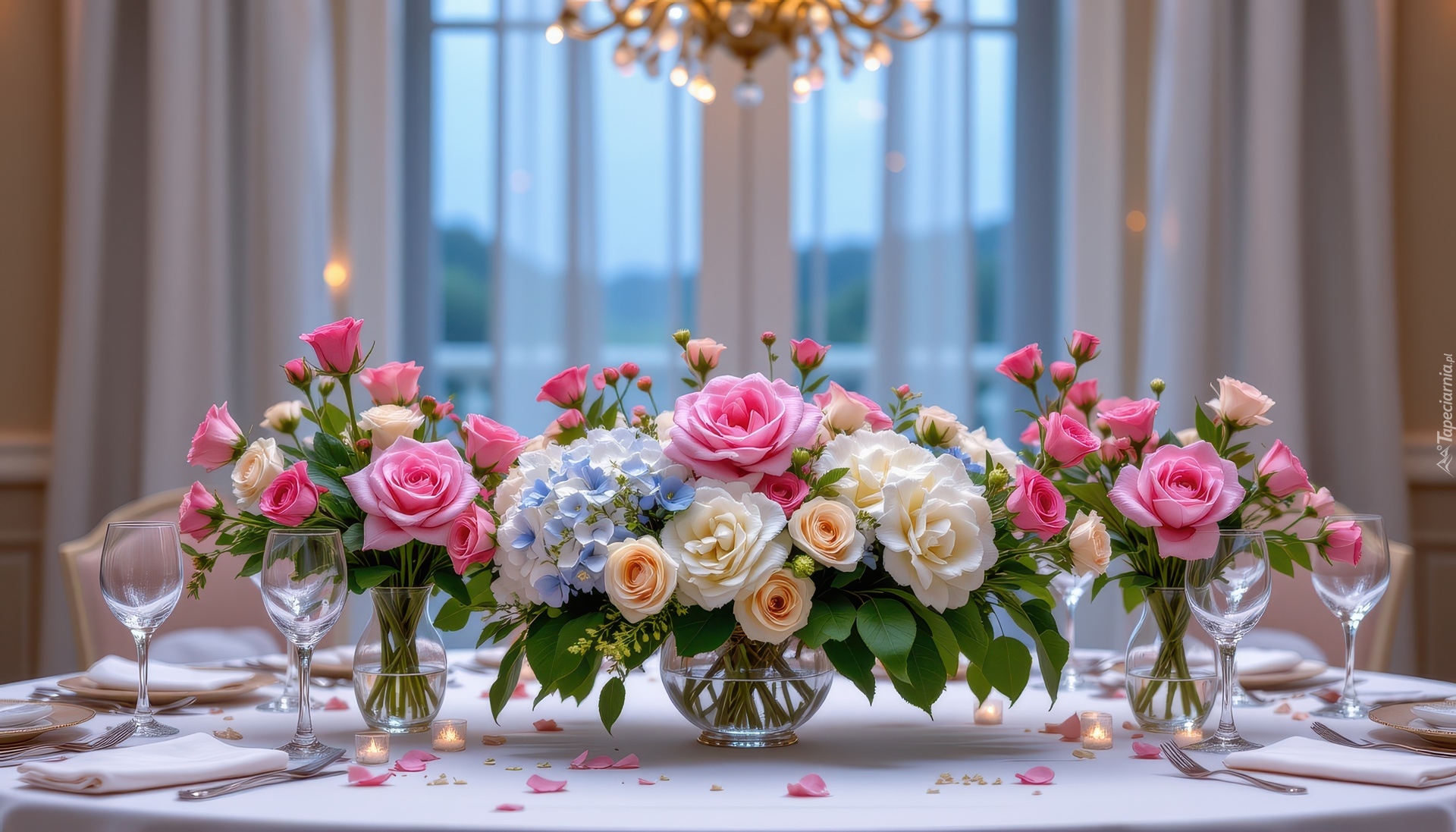 Stół, Róże, Kwiaty, Bukiety, Okno, Grafika AI