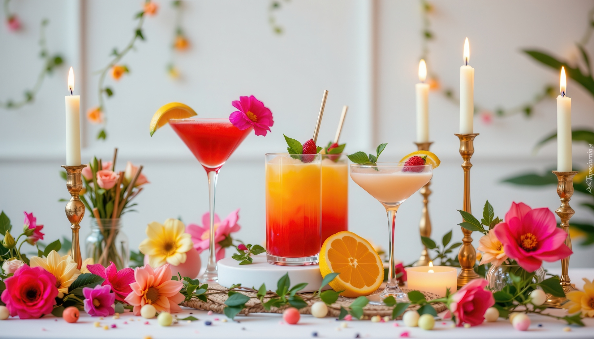 Drinki, Szklanki, Kieliszki, Świece, Kwiaty, Stół, Kompozycja