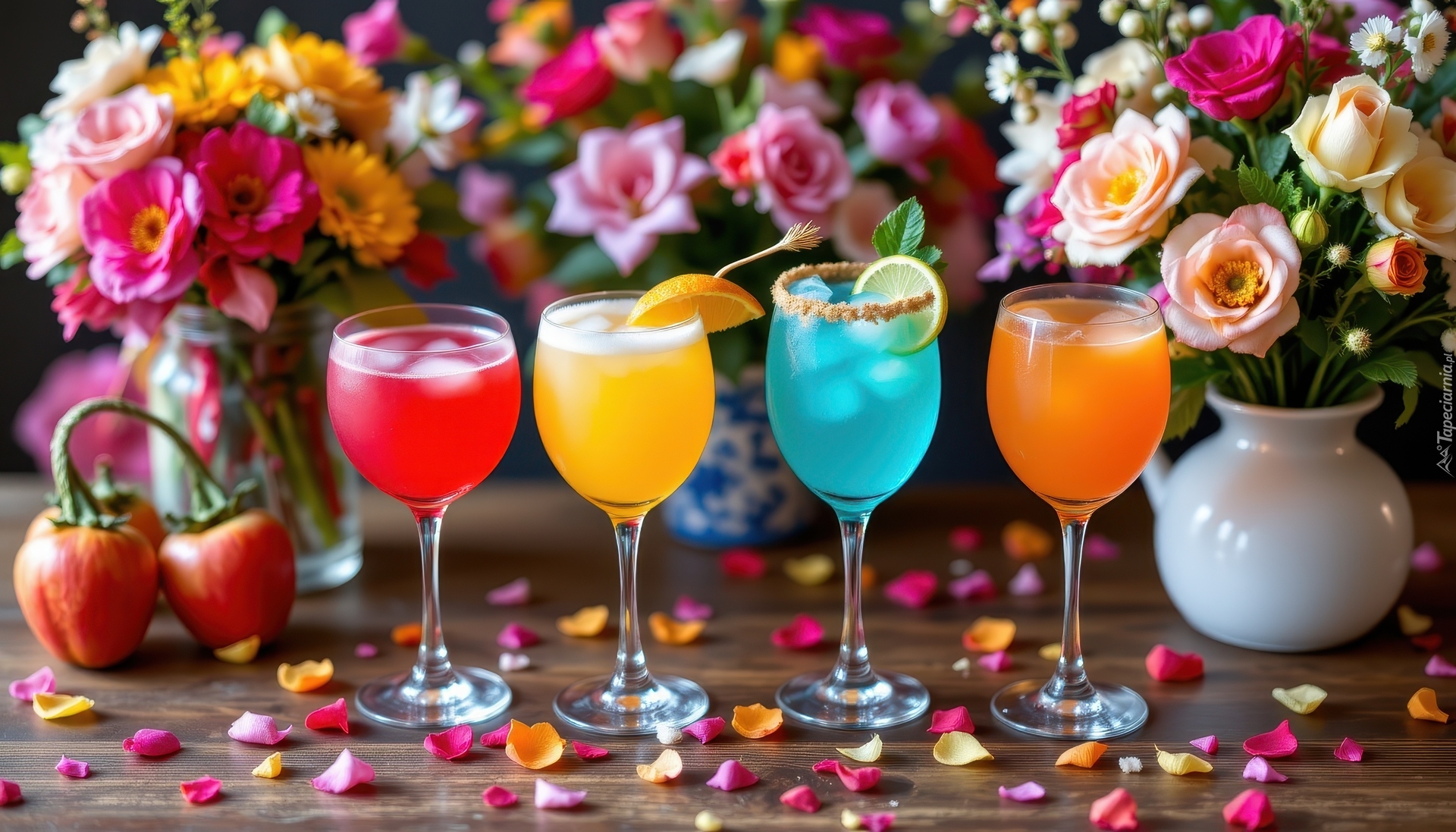 Kolorowe, Drinki, Kieliszki, Kwiaty, Płatki