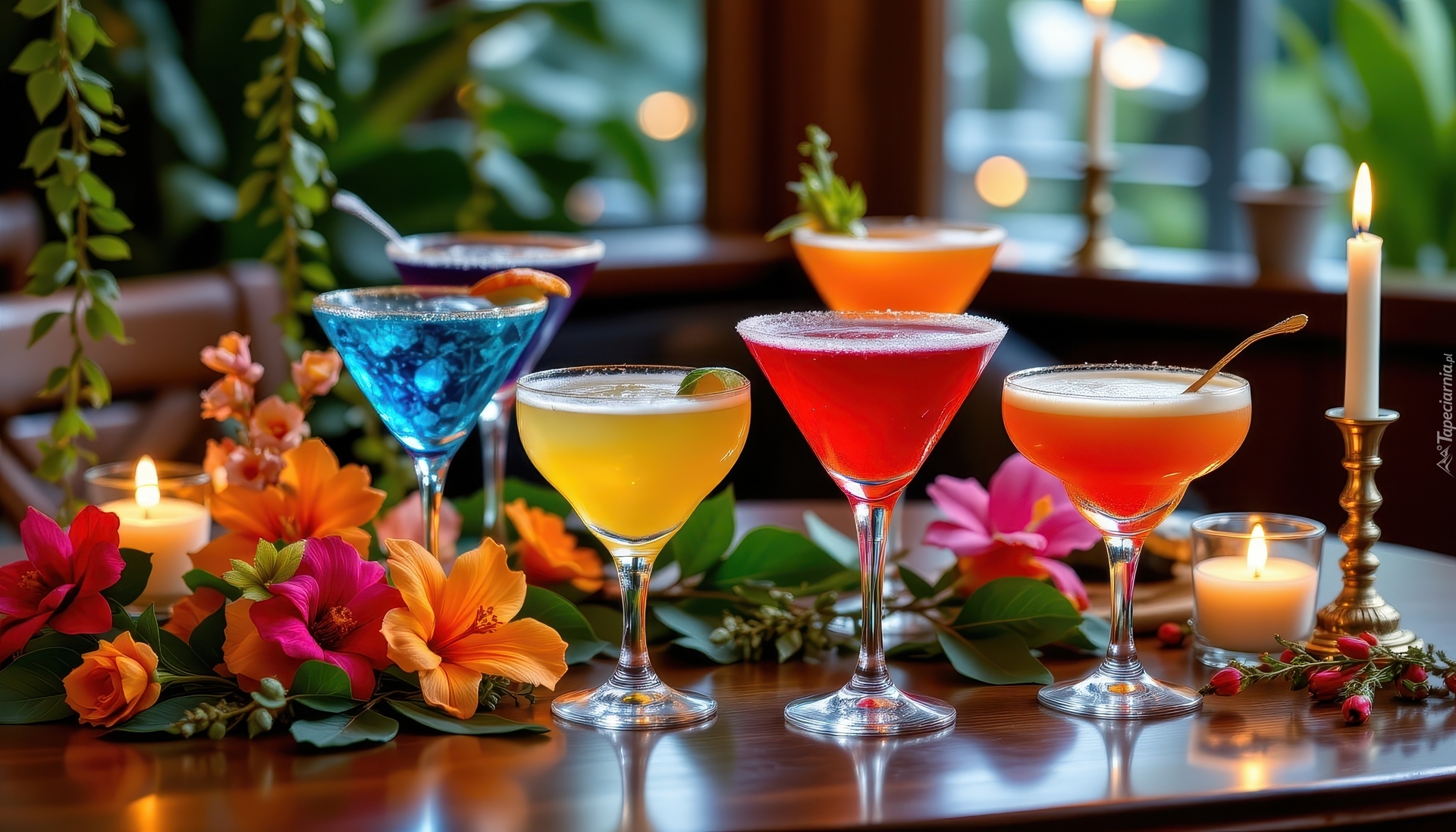 Kolorowe, Drinki, Kieliszki, Kwiaty, Świece, Okno