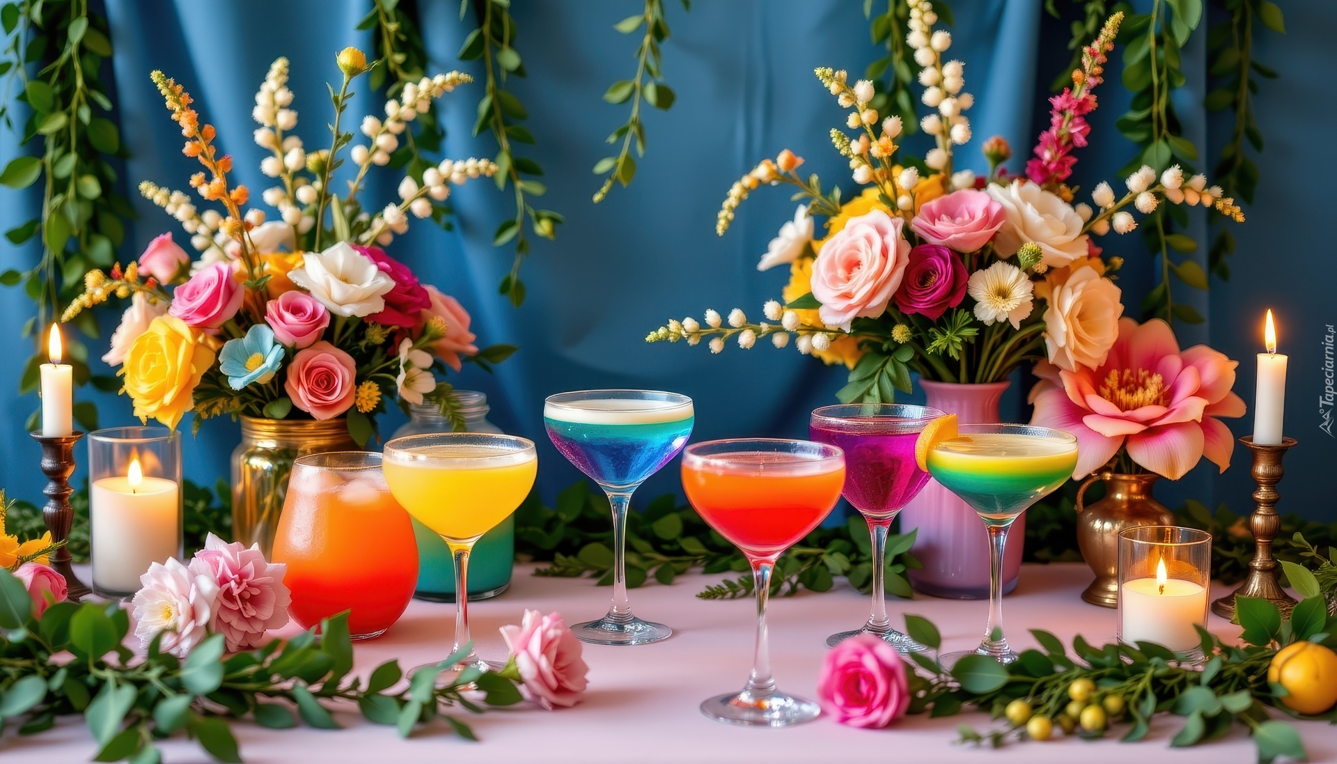 Kolorowe, Drinki, Kieliszki, Kwiaty, Bukiety, Wazony, Świece