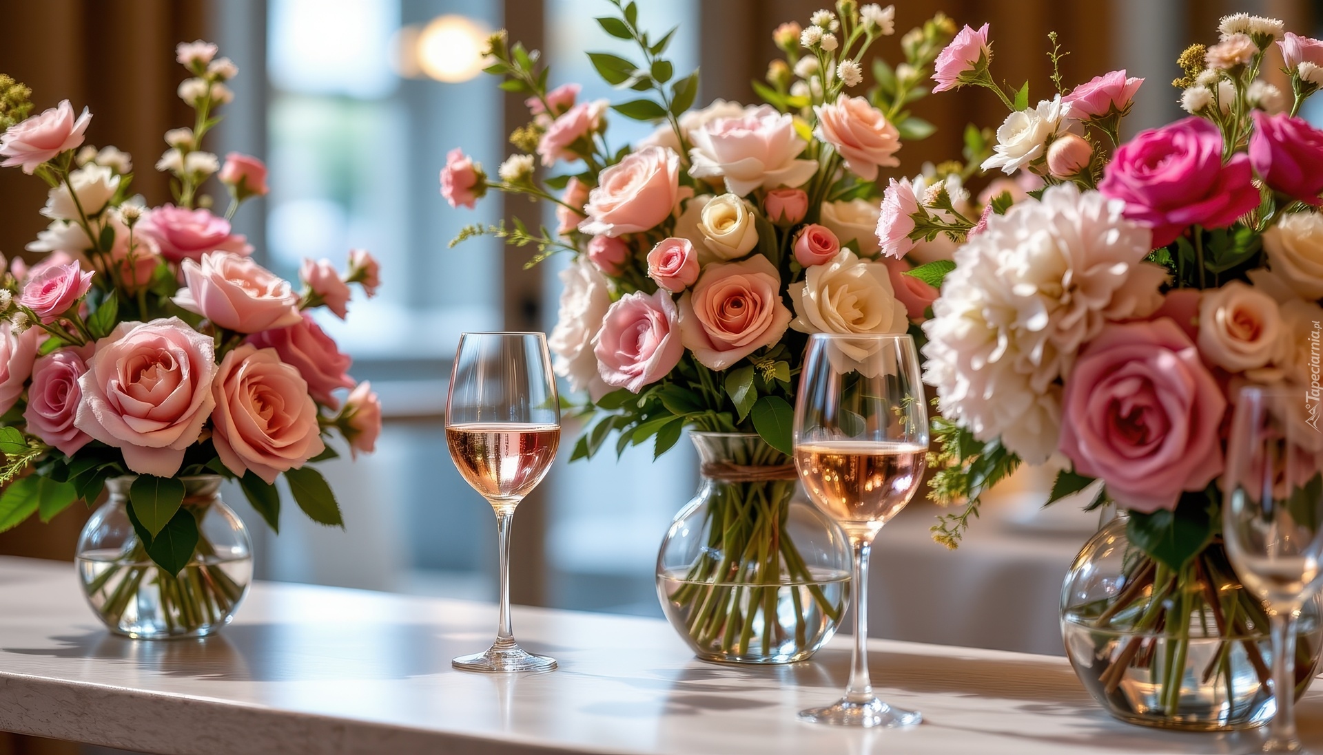Róże, Bukiety, Kieliszki, Blat, Grafika AI