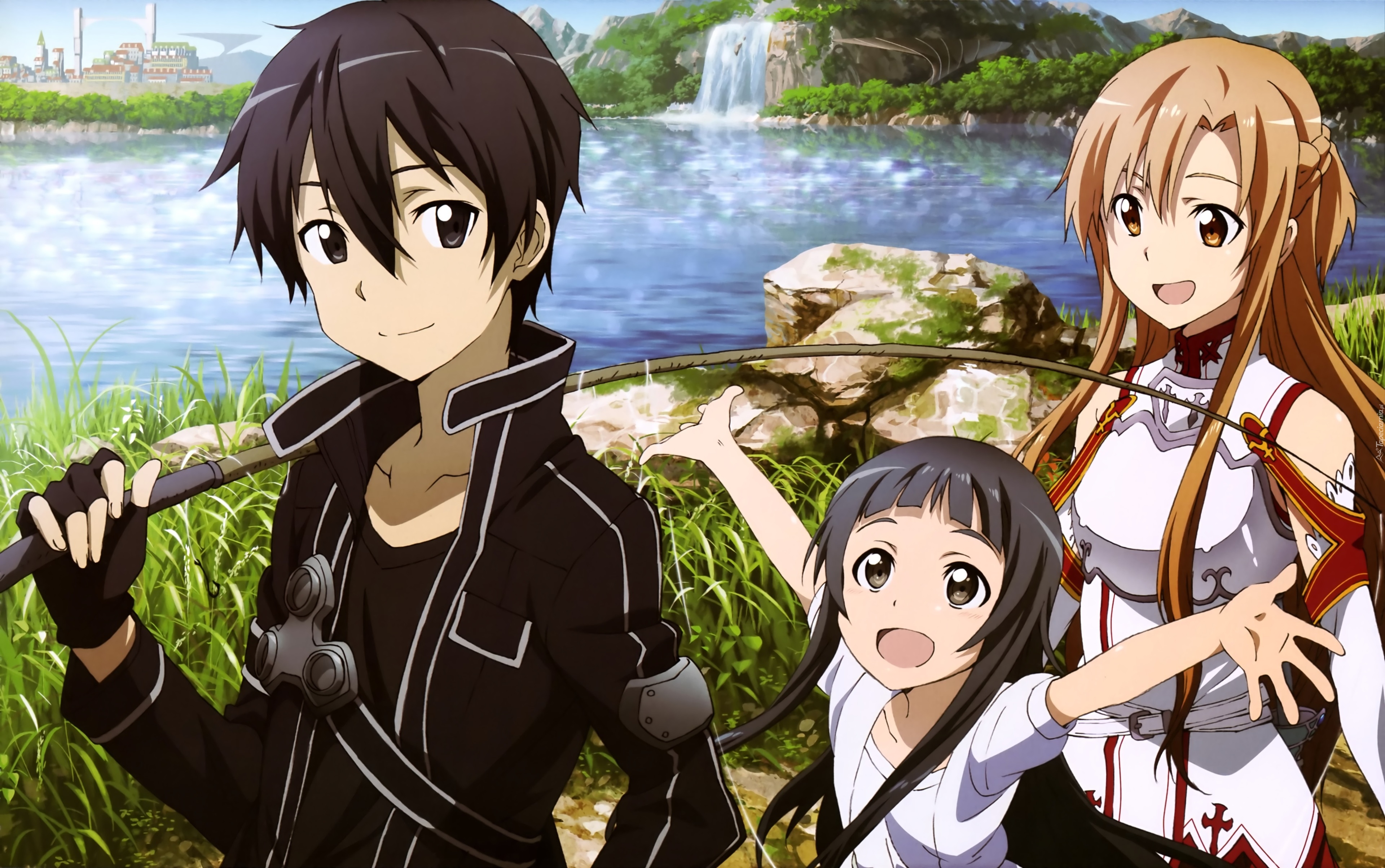 Anime, Sword Art Online, Chłopak, Kirito, Dziewczyna, Asuna,  Dziewczynka, Wędka