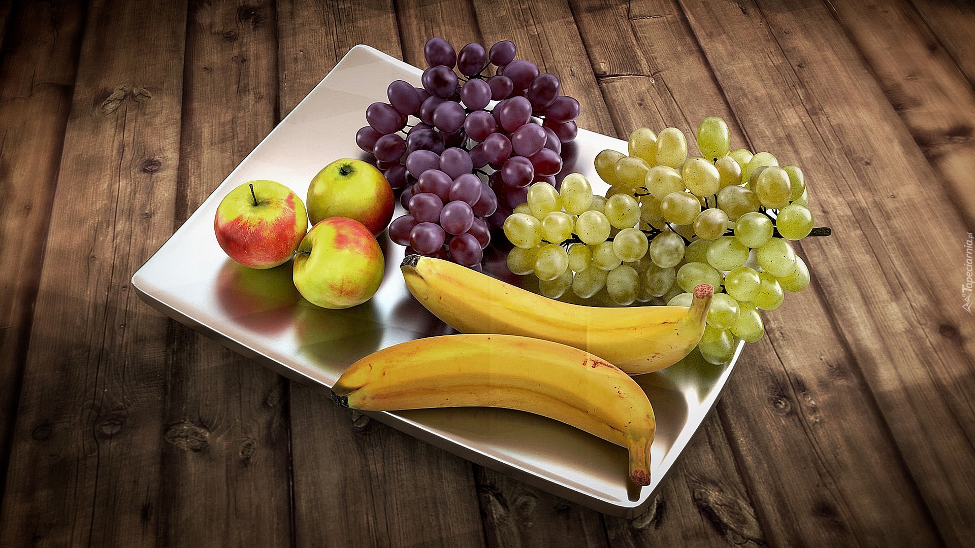 Owoce, Jabłka, Winogrona, Banany, Talerz, Deski
