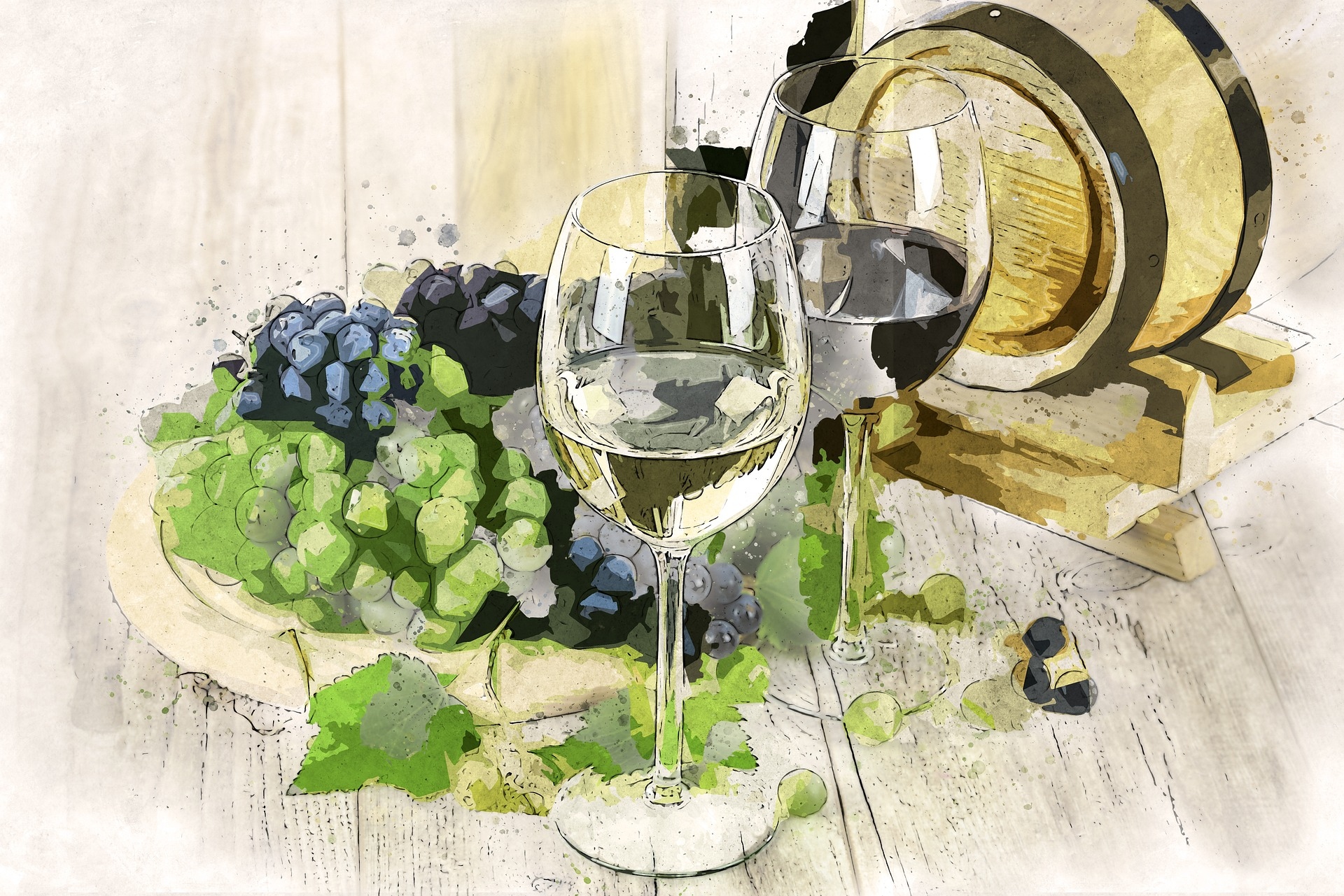 Winogrona, Kieliszki, Wino, Paintography