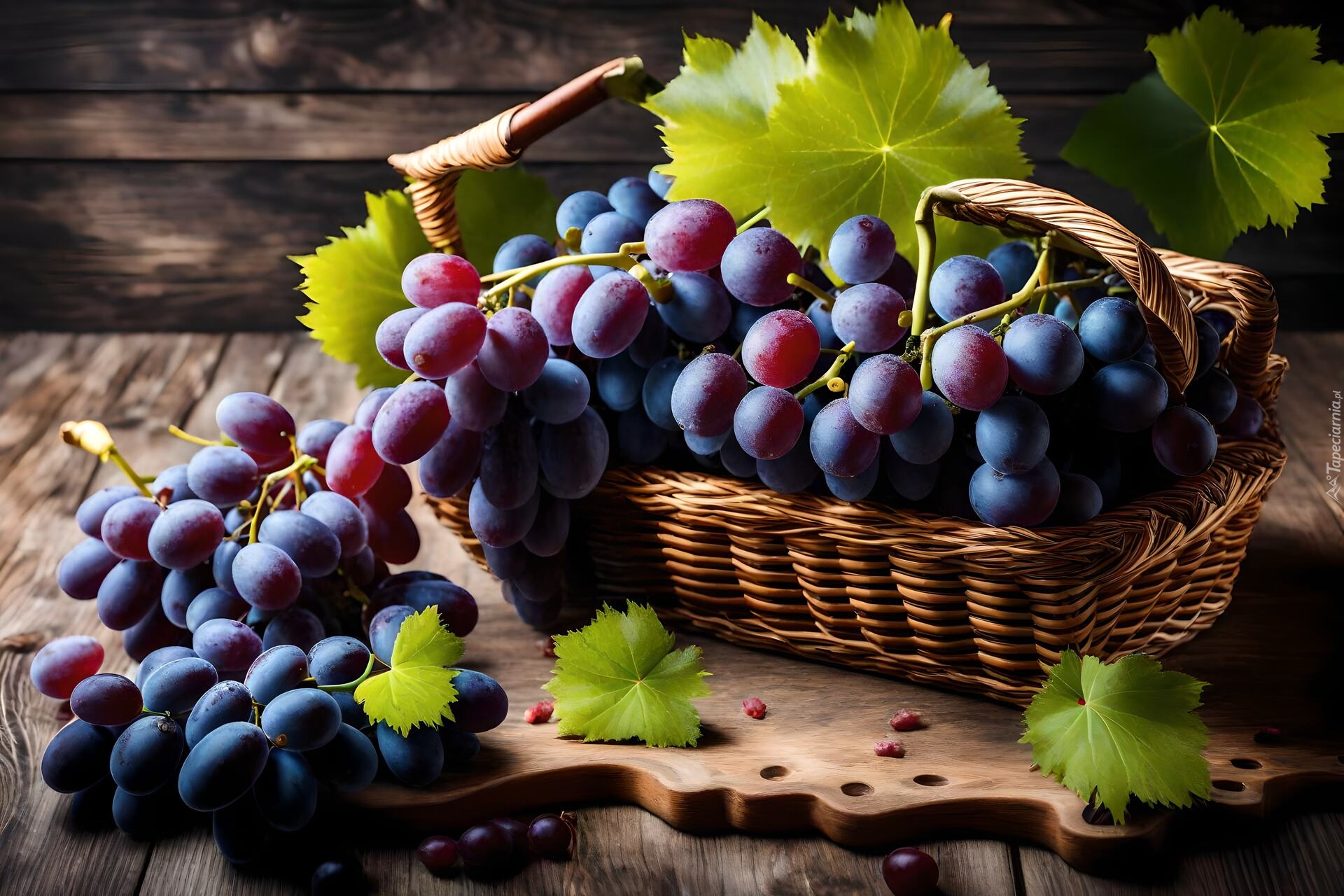 Niebieskie, Winogrona, Listki, Koszyk, Deska