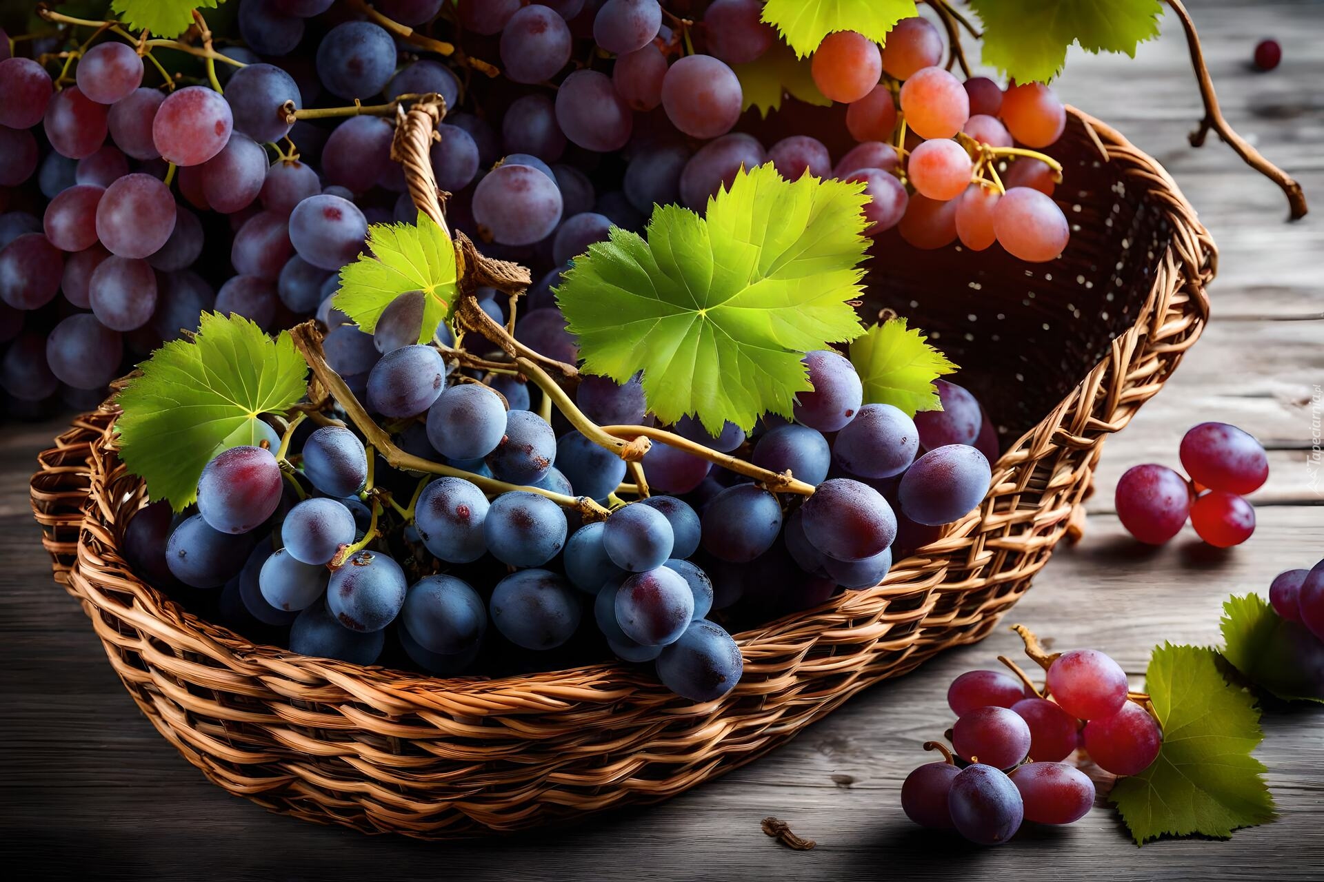 Różowe, Fioletowe, Winogrona, Listki, Koszyk