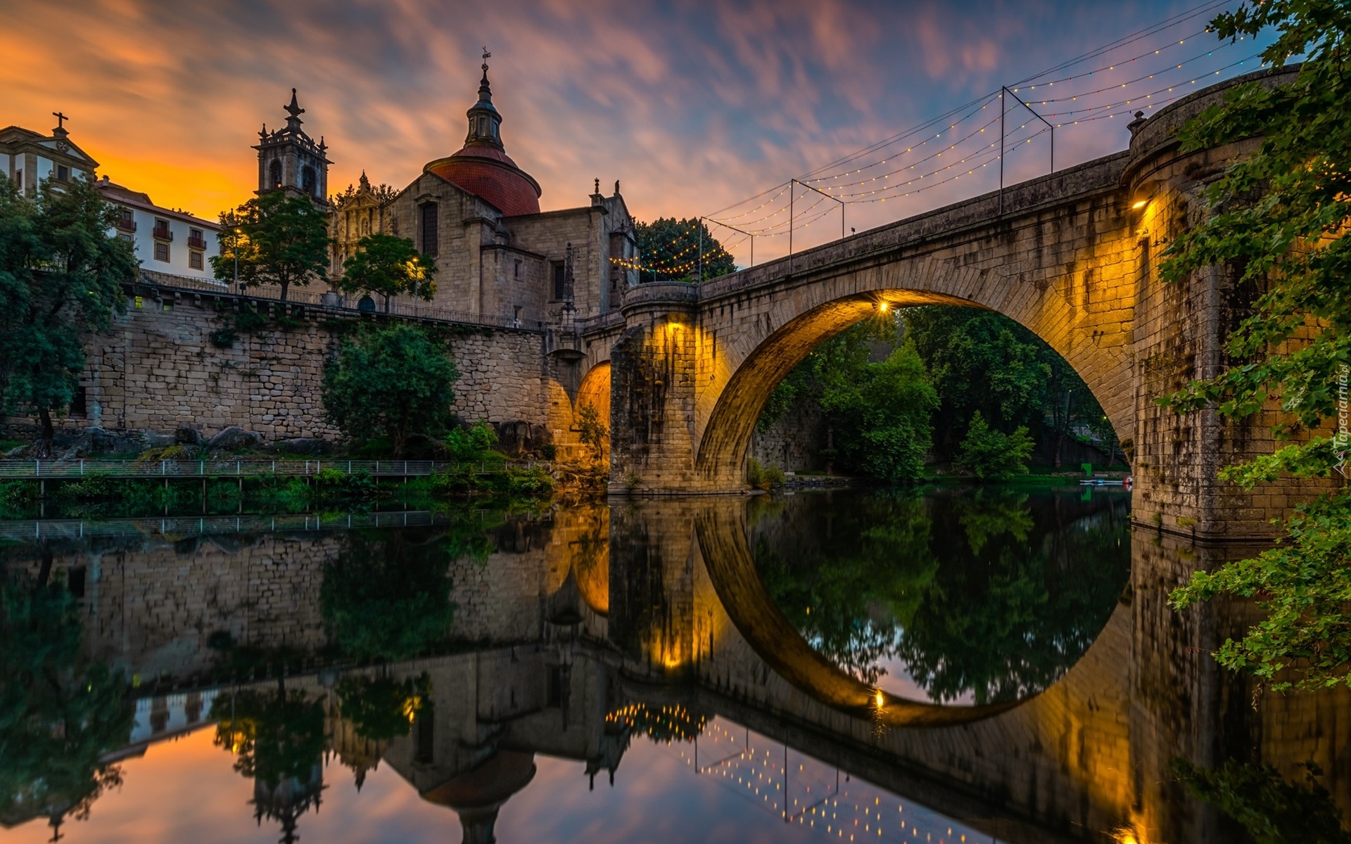 Rzeka Tamega, Most, Ponte Sao Goncalo, Klasztor, Kościół, Odbicie, Światła, Amarante, Portugalia