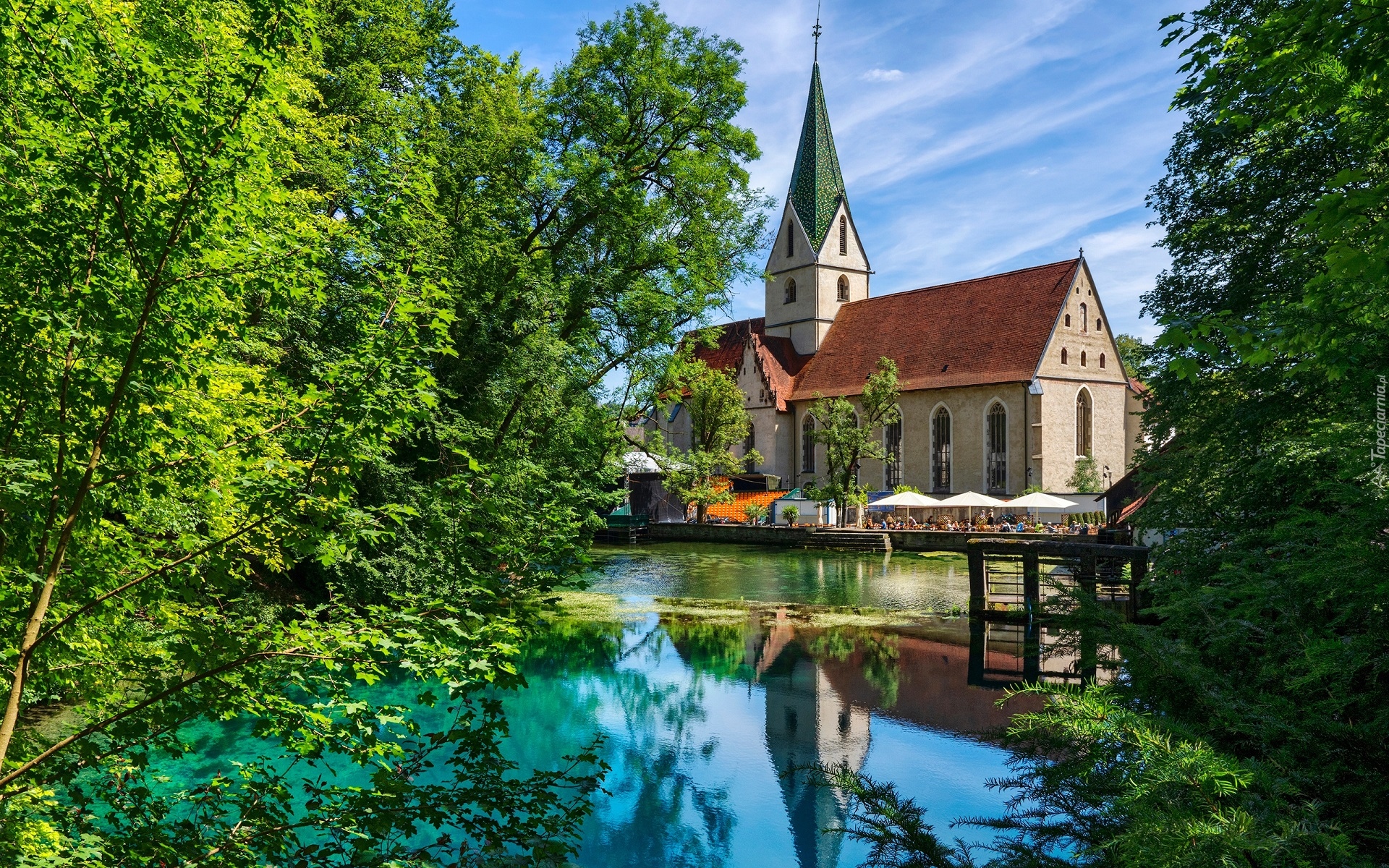 Kościół, Klasztor, Staw, Drzewa, Blaubeuren, Badenia-Wirtembergia, Niemcy