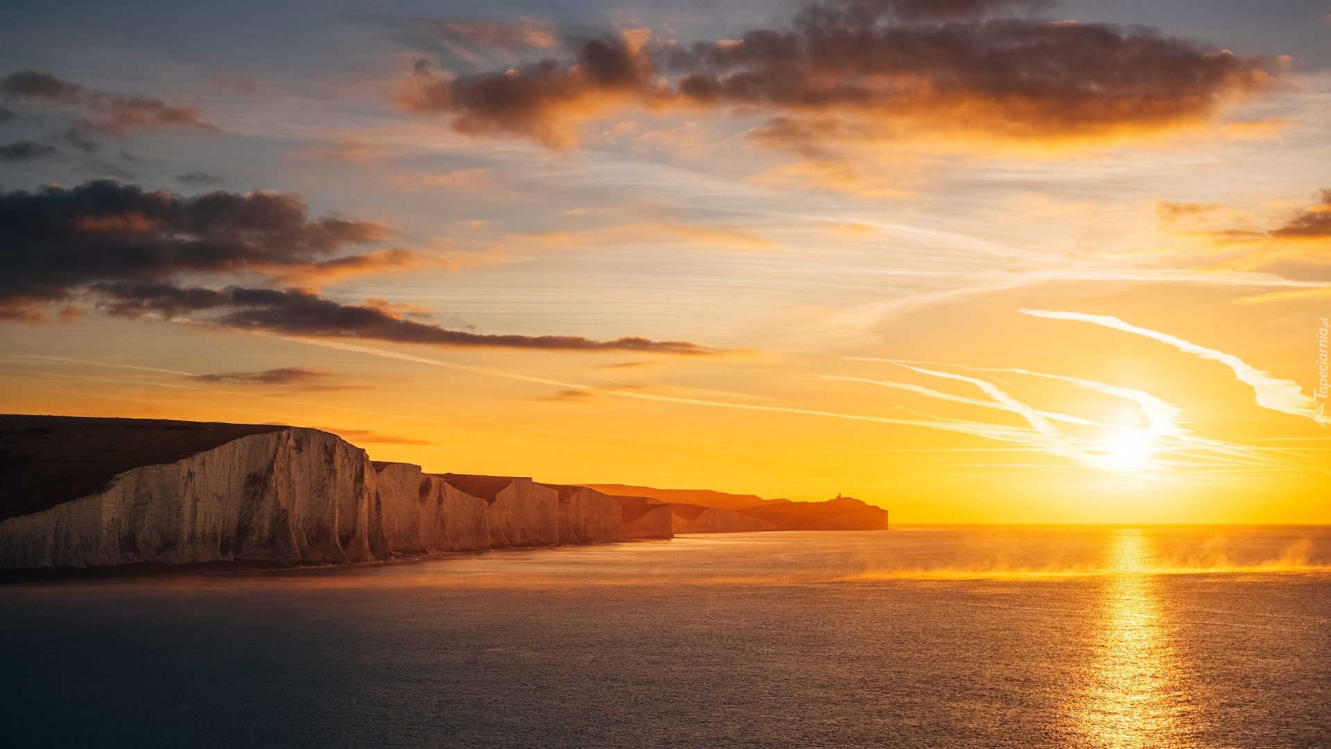 Morze, Klif, Seven Sisters, Siedem sióstr, Kanał, La Manche, Zachód słońca, Hrabstwo East Sussex, Anglia