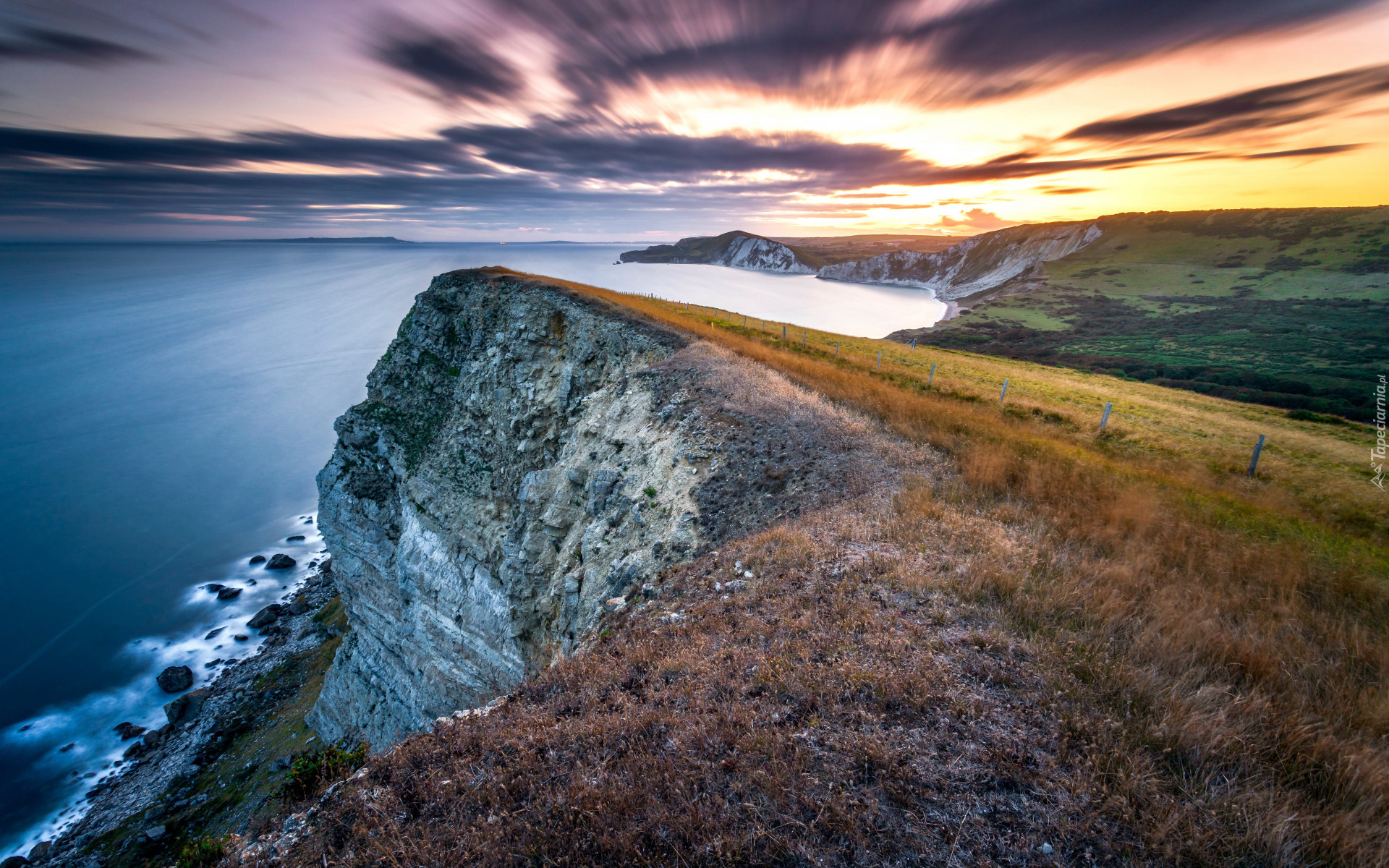 Wybrzeże, Gad Cliff, Klif, Morze, Zachód słońca, Trawy, Chmury, Hrabstwo Dorset, Anglia