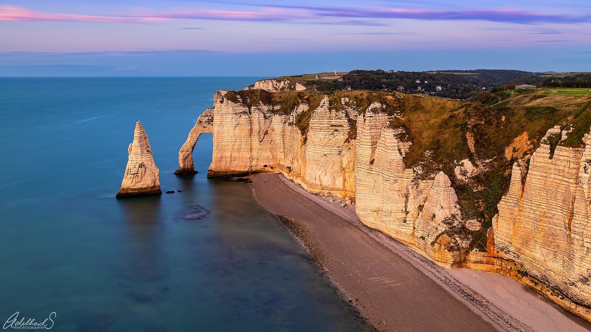 Wschód słońca, Morze, Wybrzeże, Klify, Porte dAval, Skały, Etretat, Francja