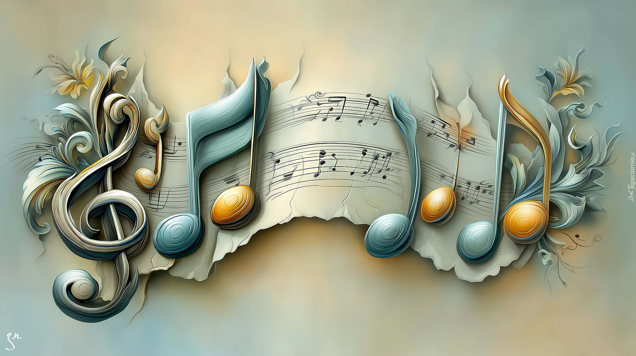 Kolorowe, Nuty, Klucz wiolinowy, Grafika AI