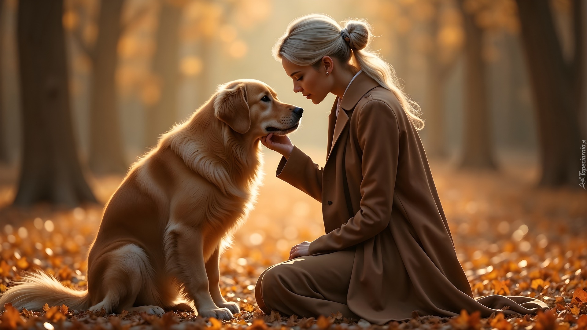Kobieta, Blondynka, Płaszcz, Pies, Golden retriever, Jesień